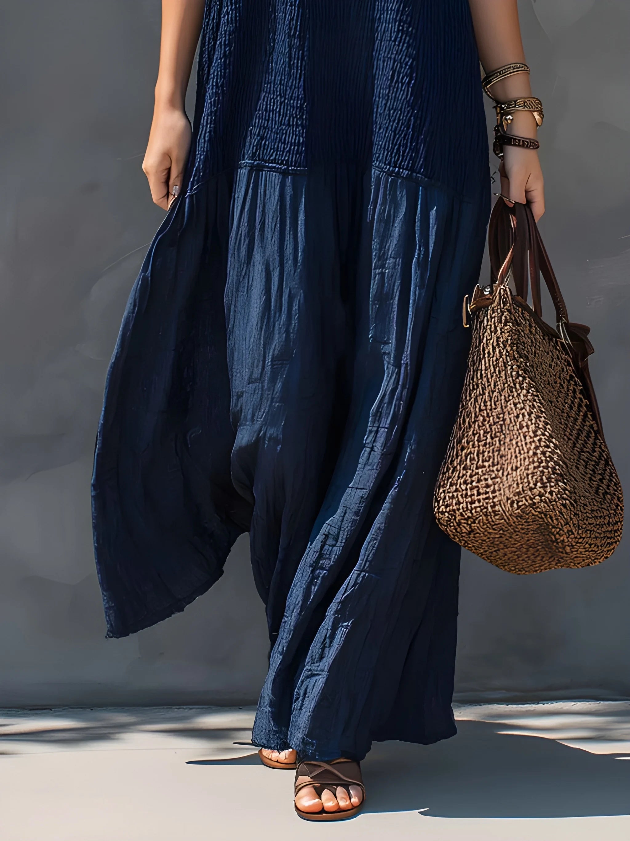 Women's Vintage Flowy Maxi Summer Dress with Split Hem