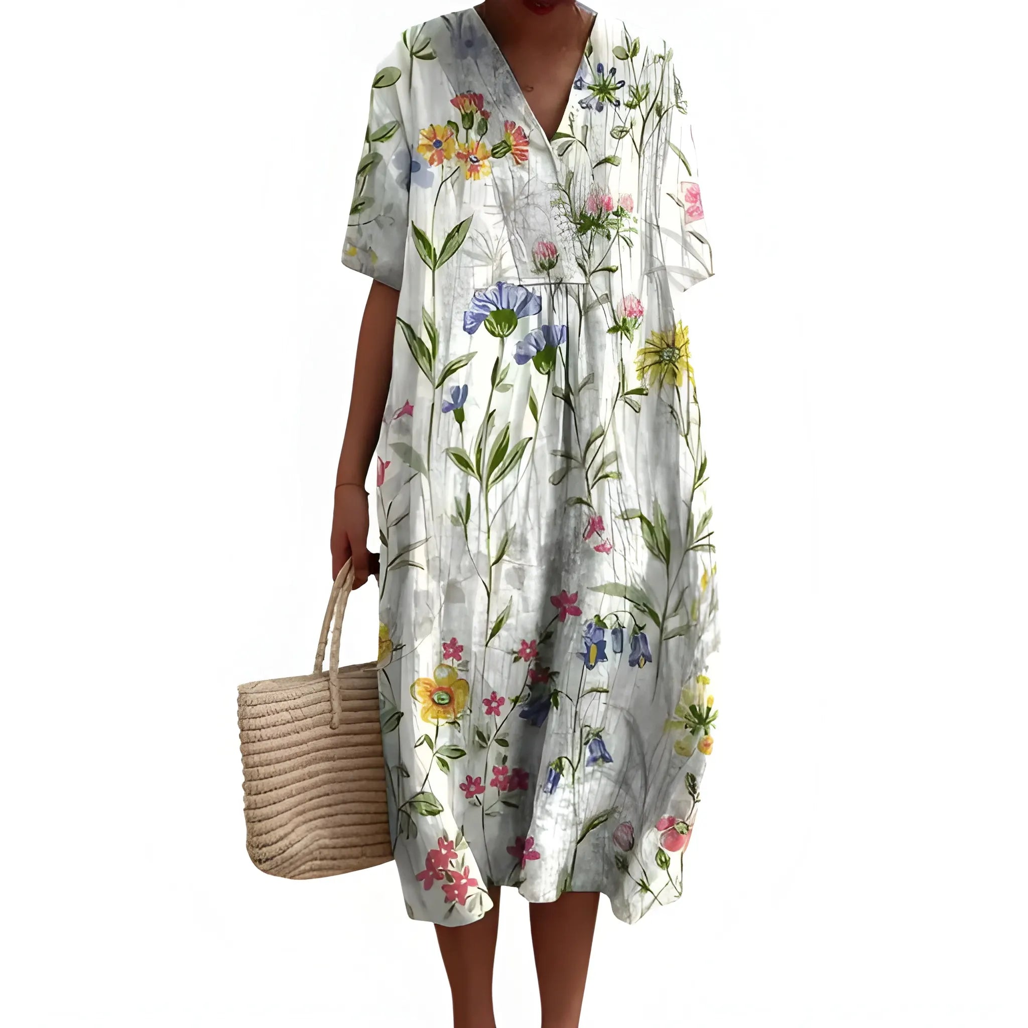 Women's Casual Floral Midi Summer Dress with V Neck