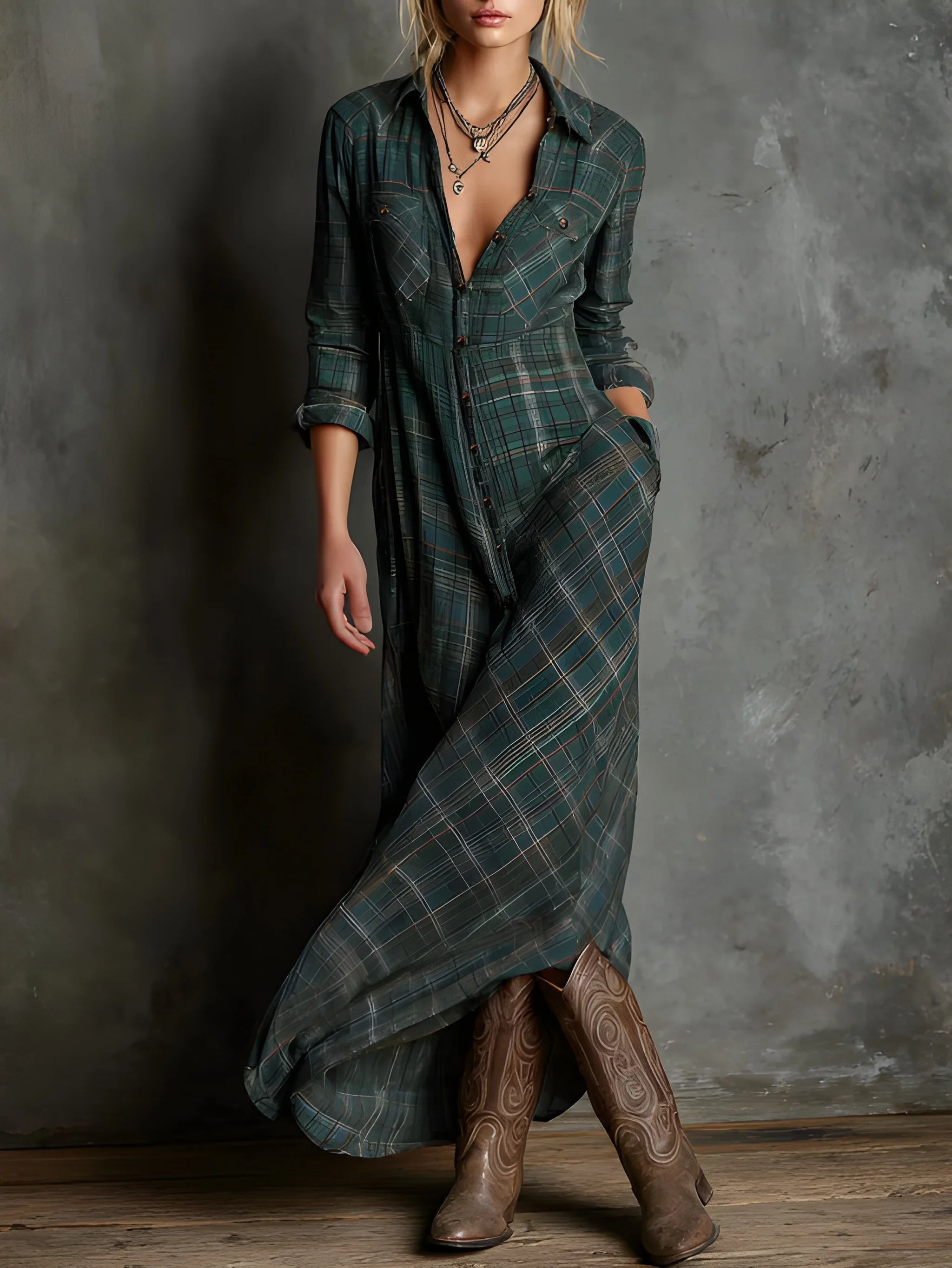 Women's Casual Plaid Maxi Summer Dress with Long Sleeves