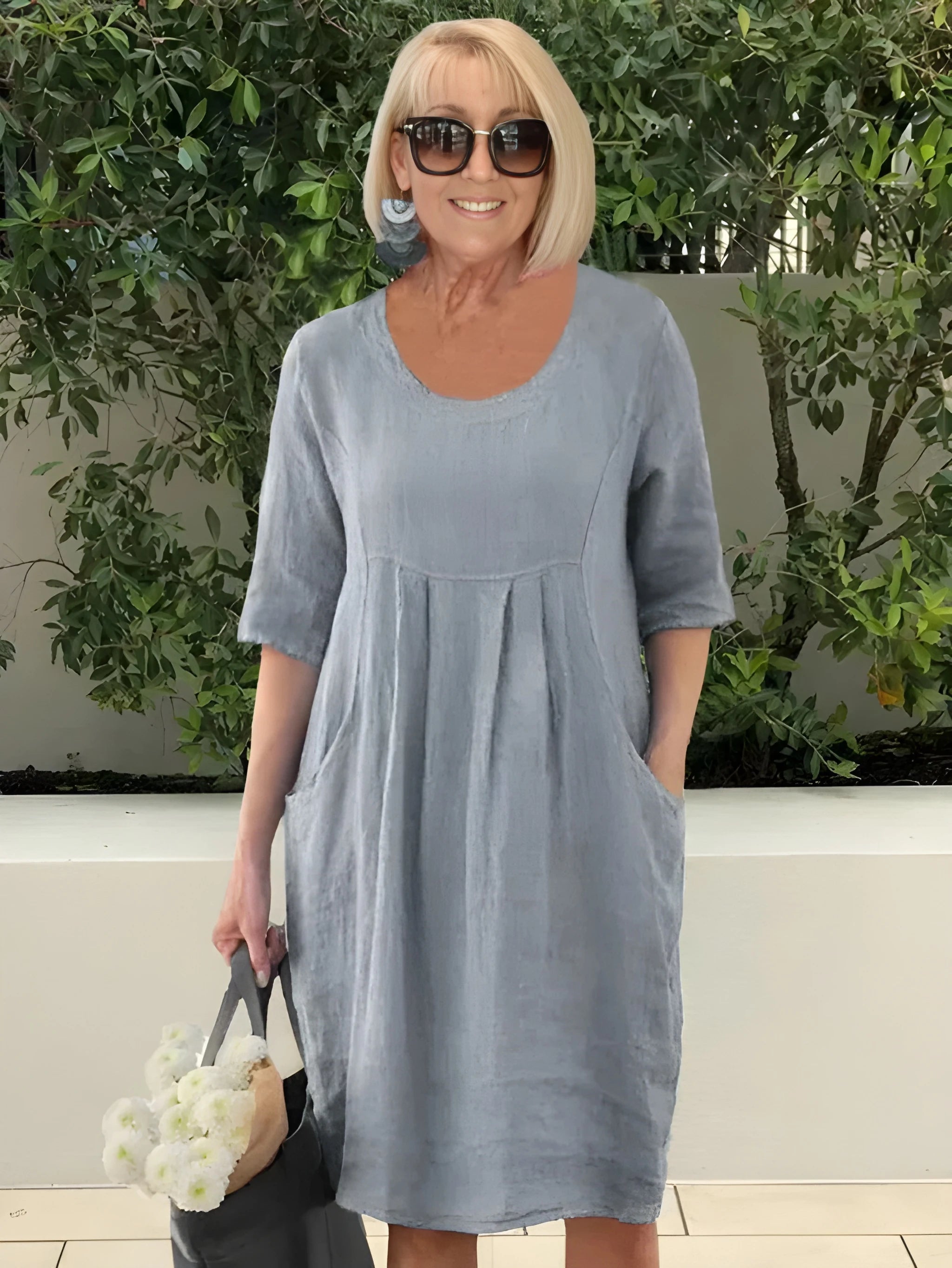 Women's Casual Flowy Midi Summer Dress with Pleated Front
