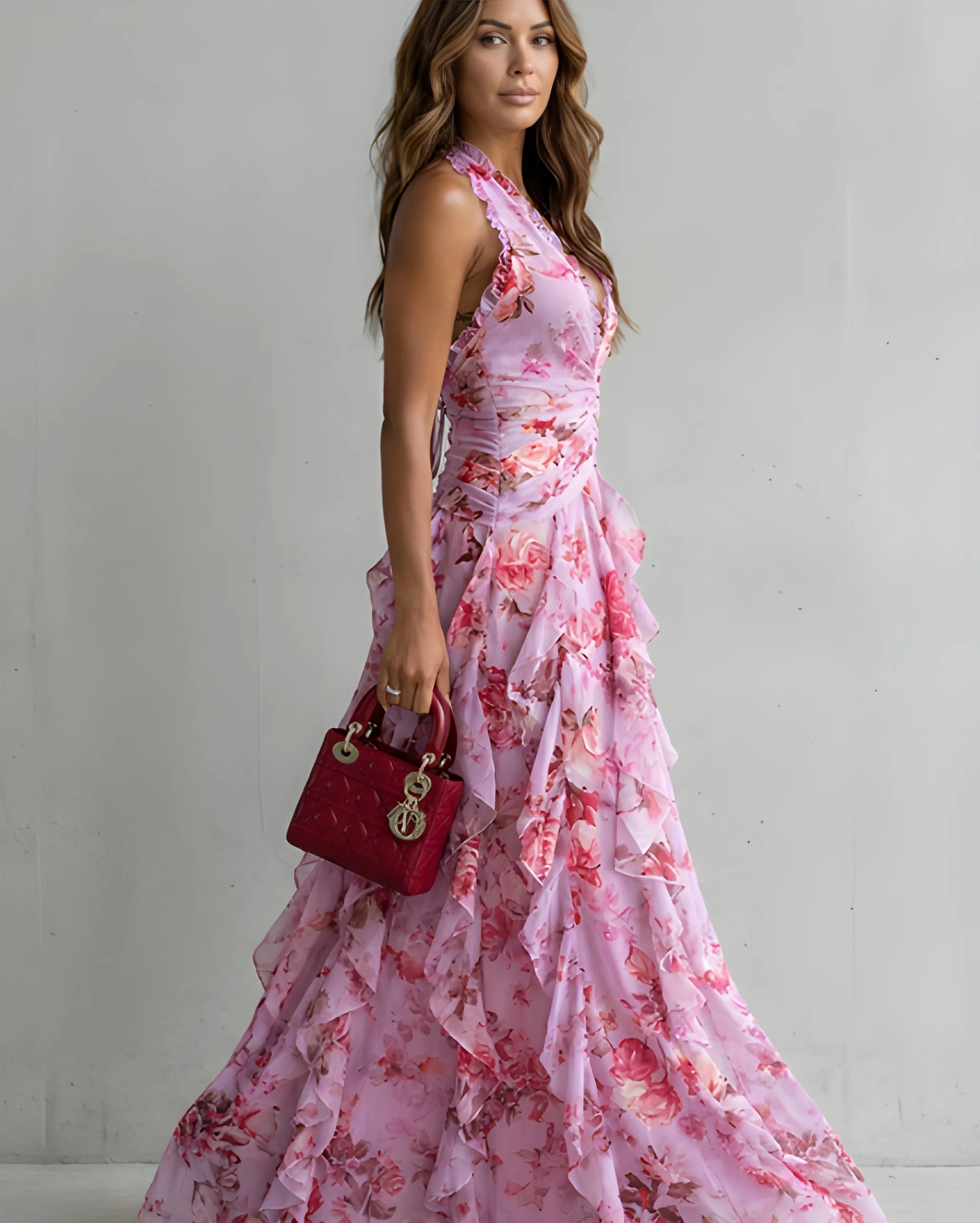 Women's Casual Floral Maxi Wedding Guest Dress with Halter Neck