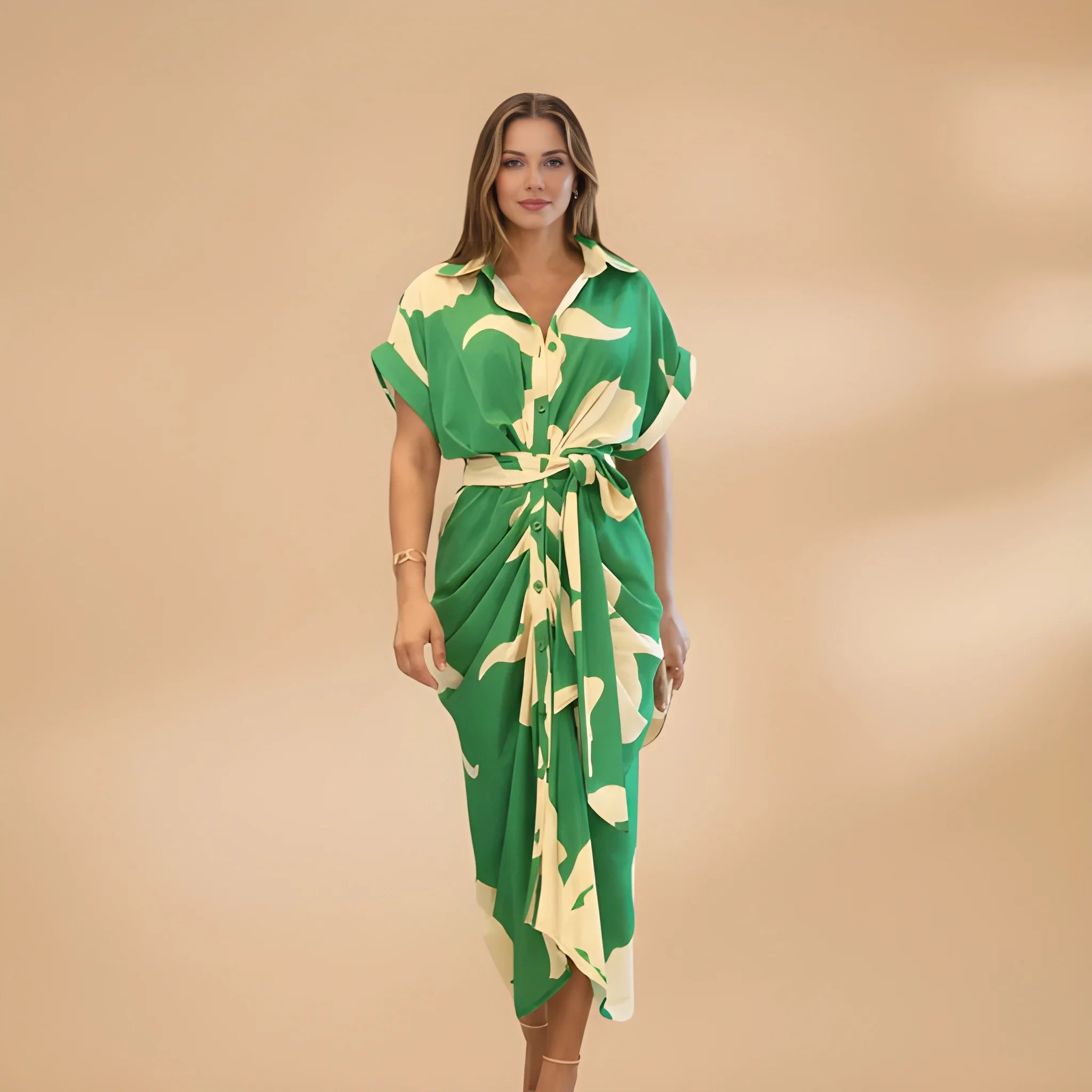 Women's Casual Printed Midi Summer Dress with Tie Waist