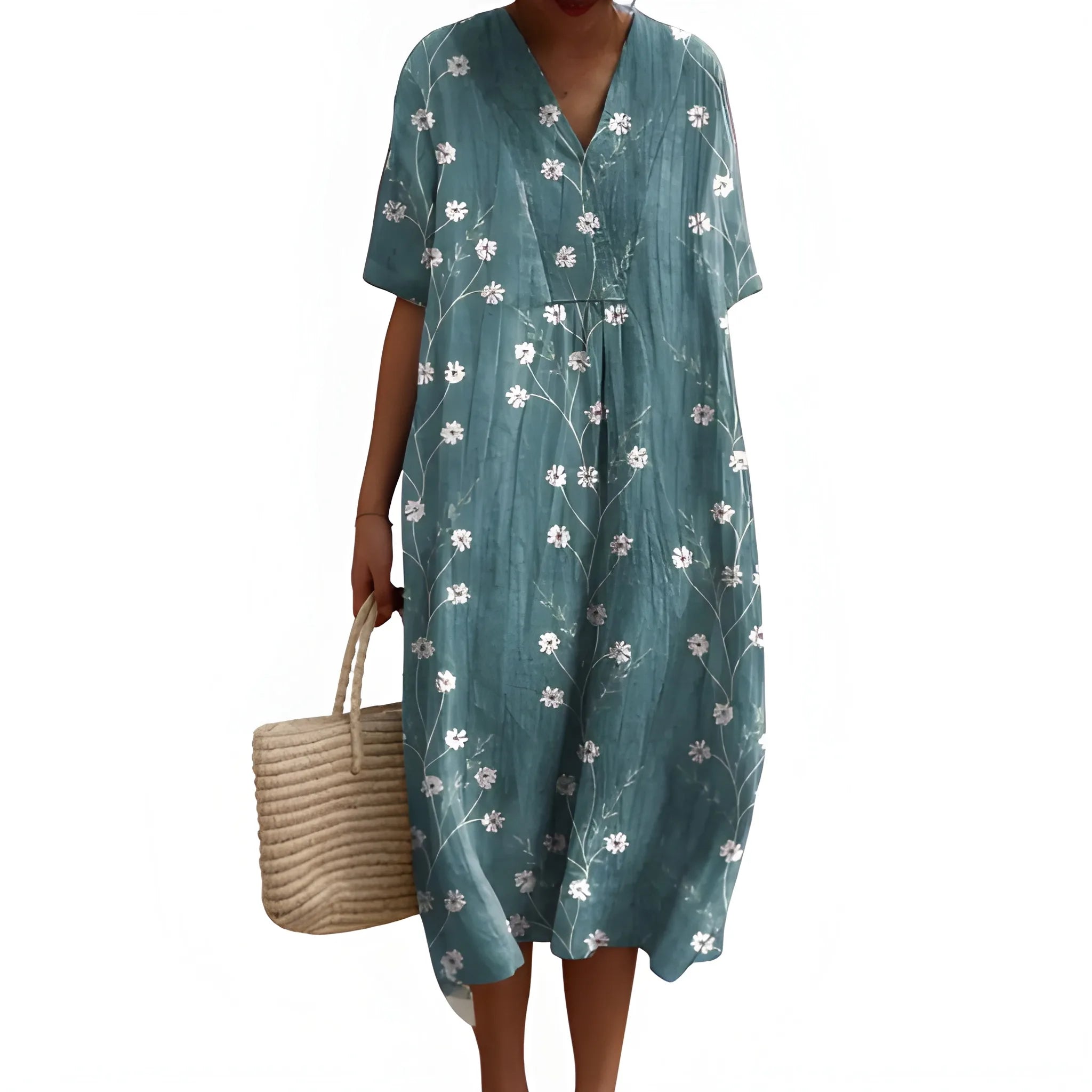Women's Casual Floral Midi Summer Dress with V Neck