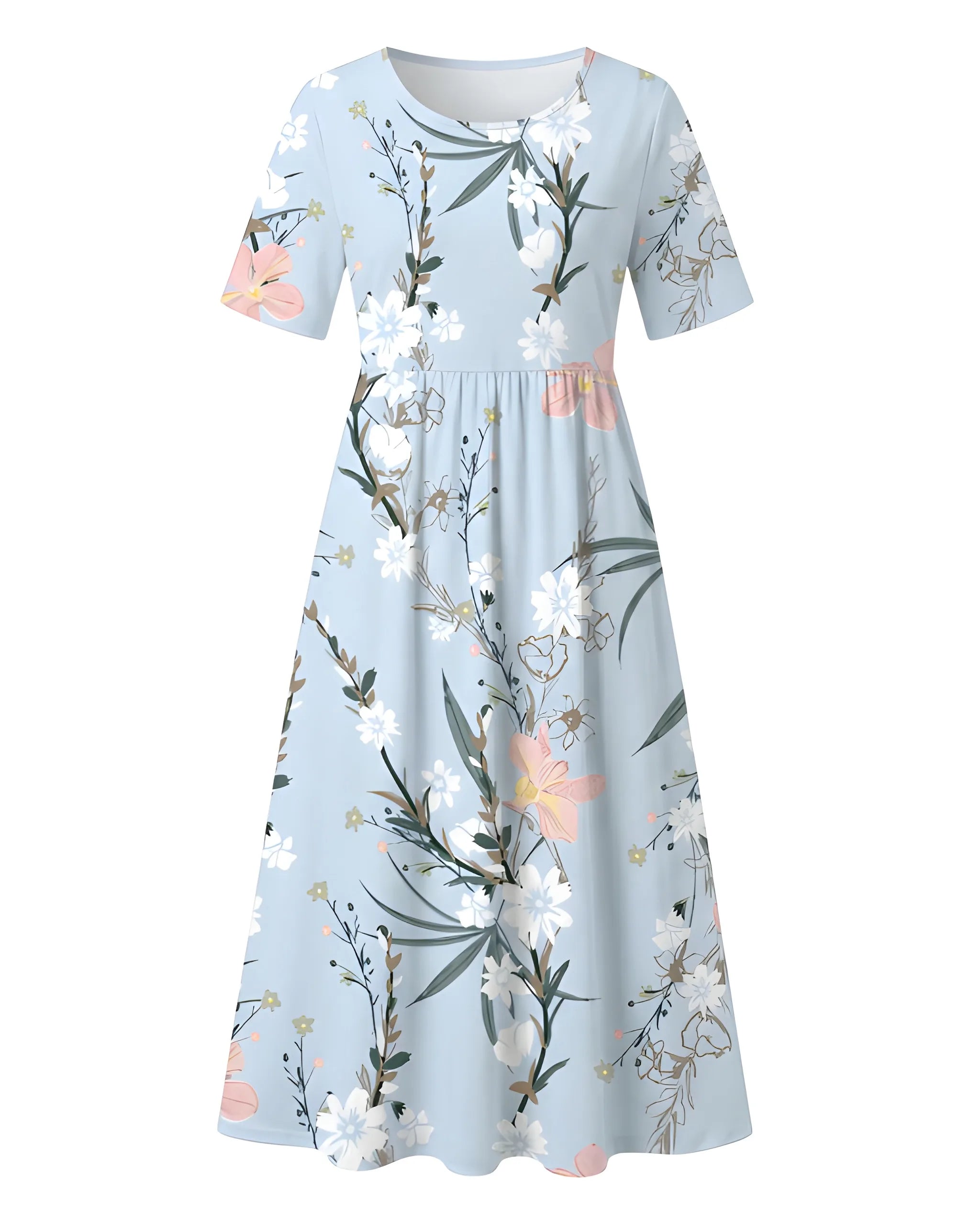 Women's Casual Floral Midi Summer Dress with Short Sleeves