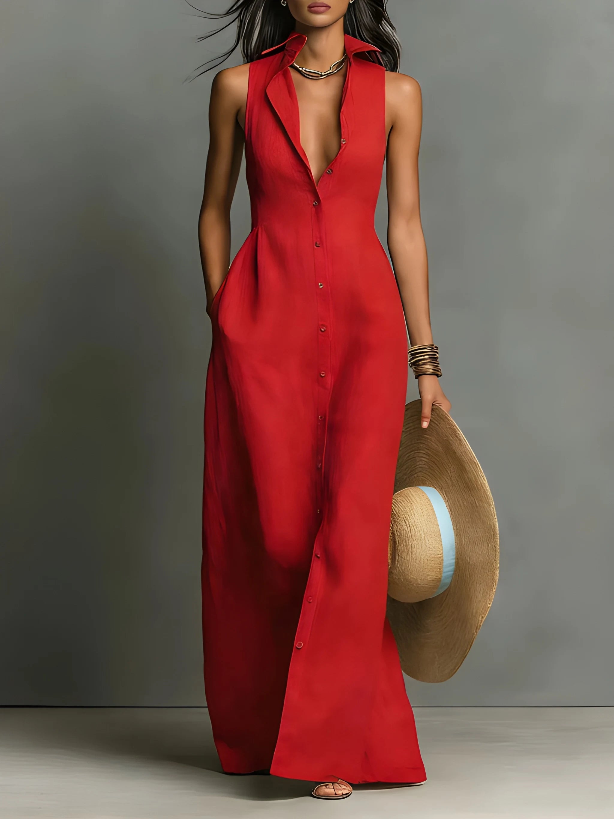 Women's Elegant Maxi Summer Dress with Sleeveless Cut and Maxi Length