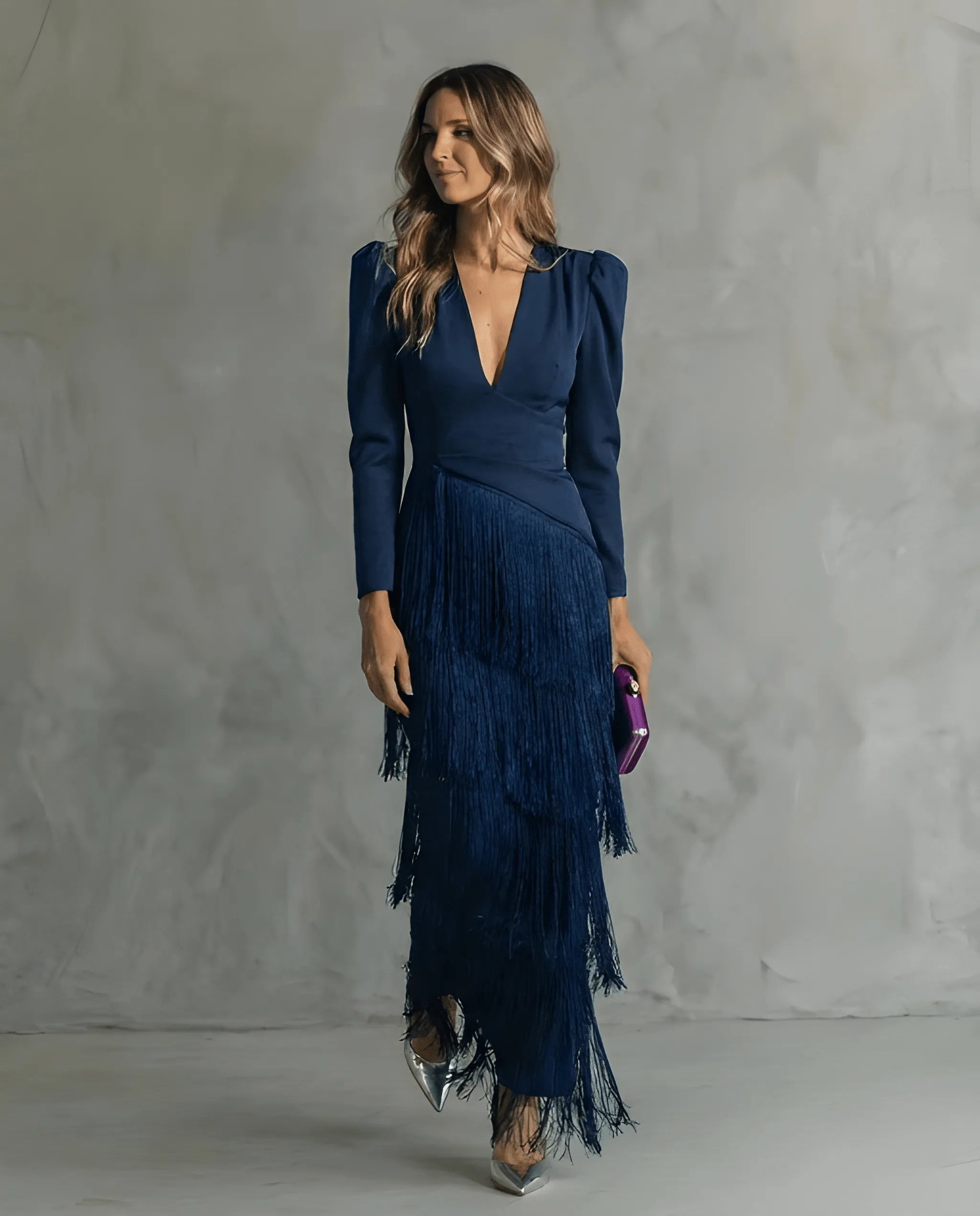 Women's Elegant Formal Maxi Wedding Guest Dress with Long Sleeve and V-Neck