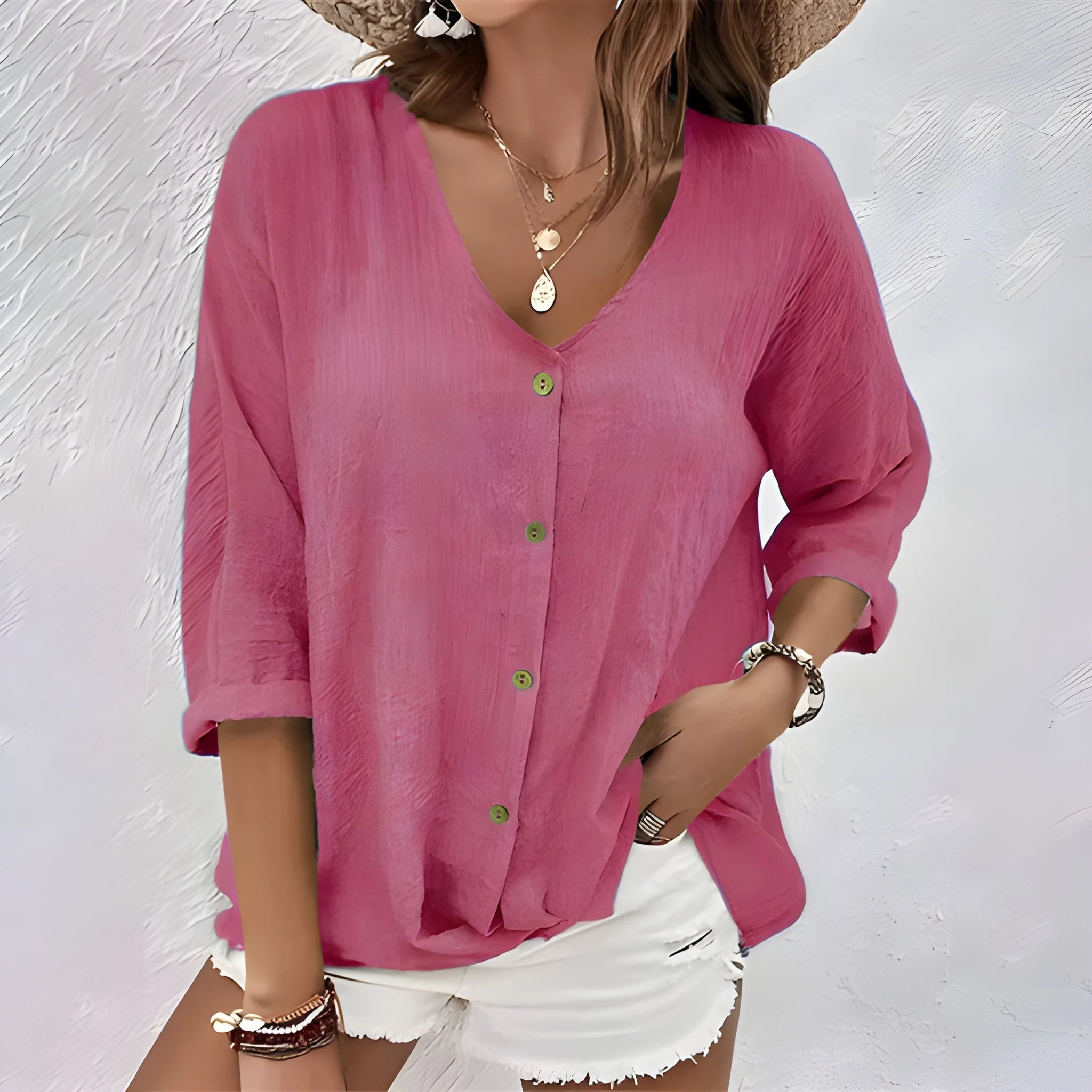 Women's Summer Oversized Shirt with V-Neck and Short Sleeve