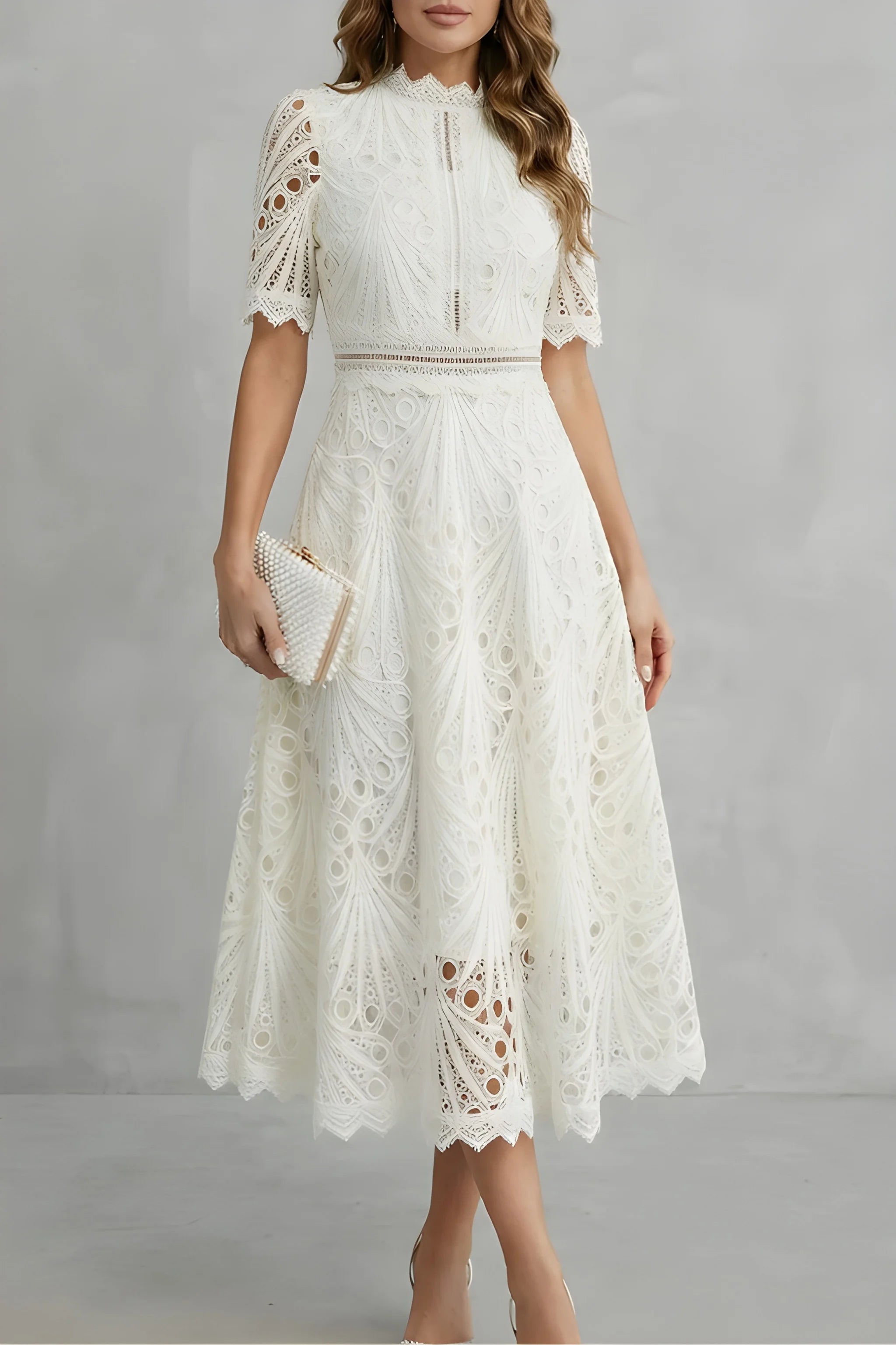 Women's Elegant Vintage Midi Wedding Guest Dress with High Neck