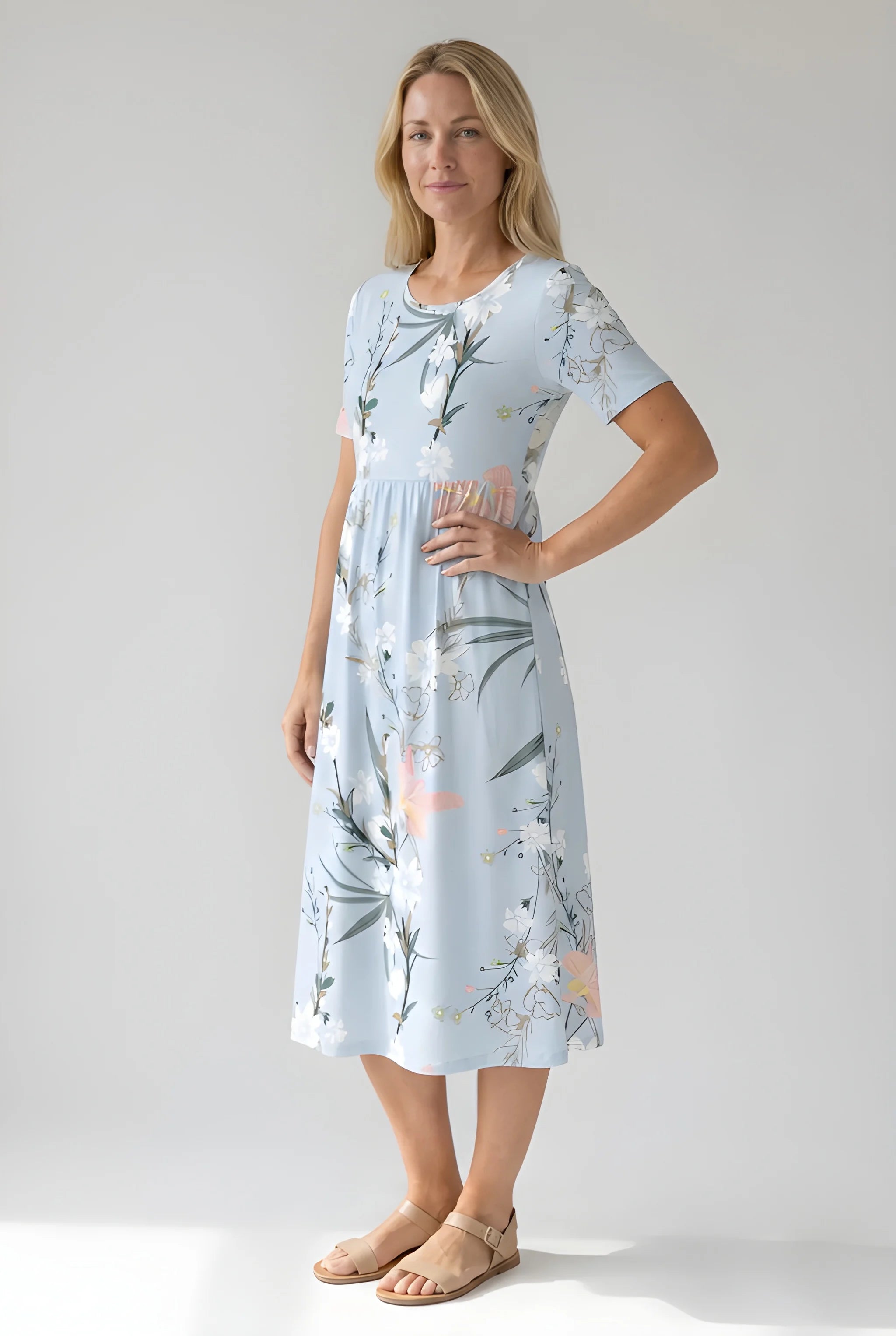 Women's Casual Floral Midi Summer Dress with Short Sleeves