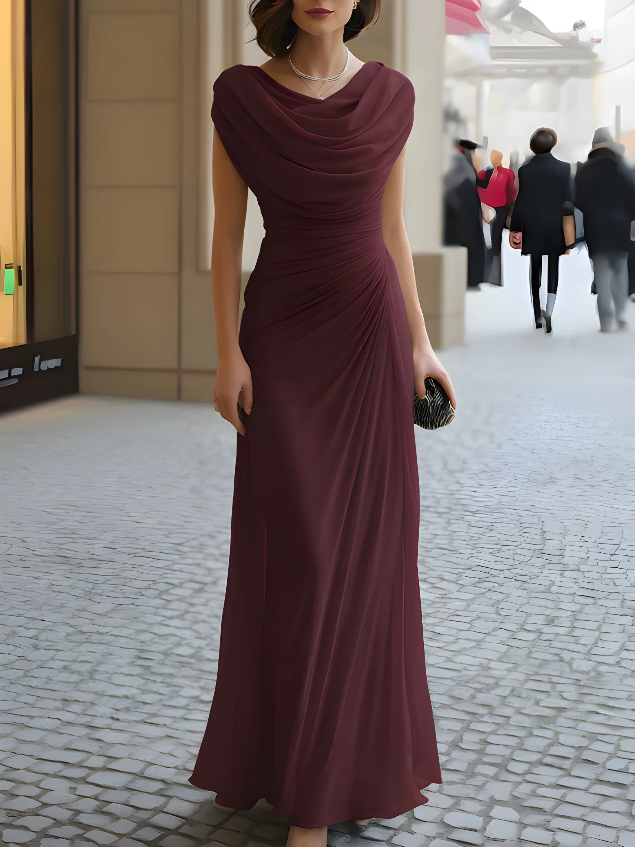 Women's Formal Mesh Maxi Wedding Guest Dress with Cowl Neck
