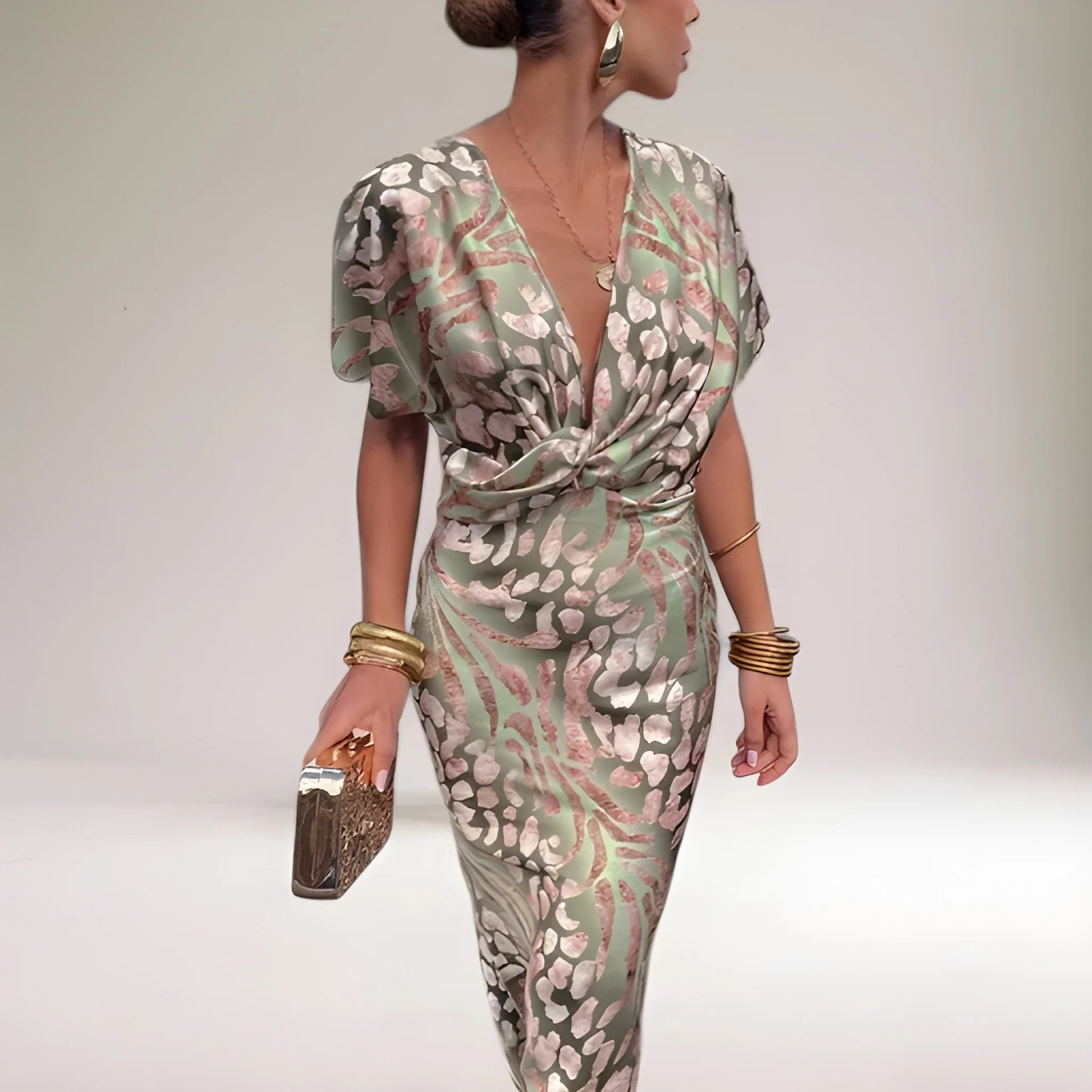 Women's Formal Elegant Midi Wedding Guest Dress with V-Neck