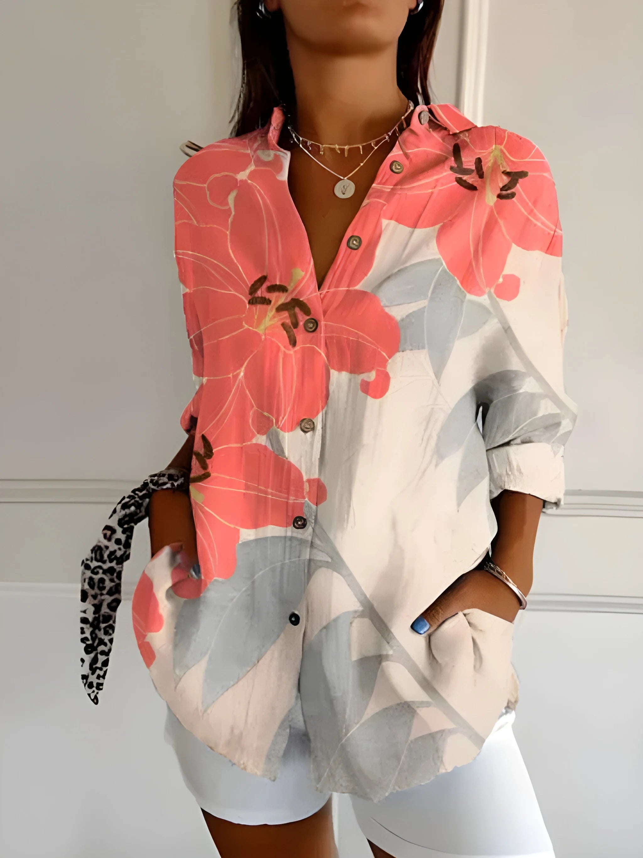 Women's Casual Work Shirt with Button-Up Front and Pockets