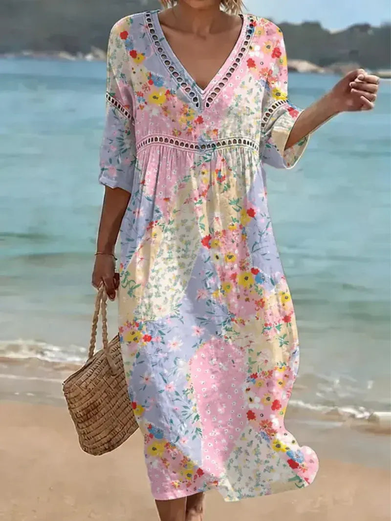 Women's Floral Casual Maxi Summer Dress with V-Neck