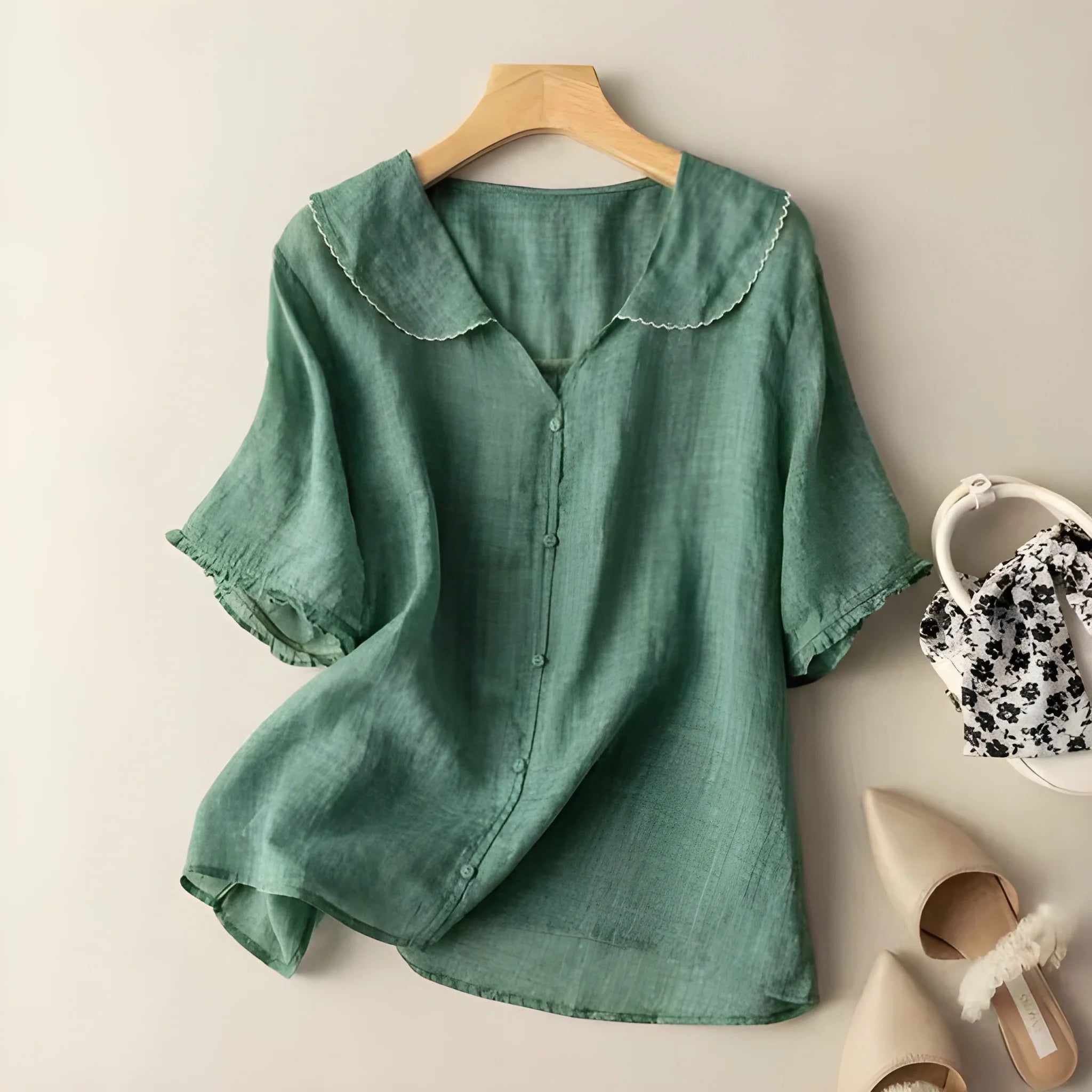 Women's Oversized Summer Shirt with V-Neck and Embroidered Details