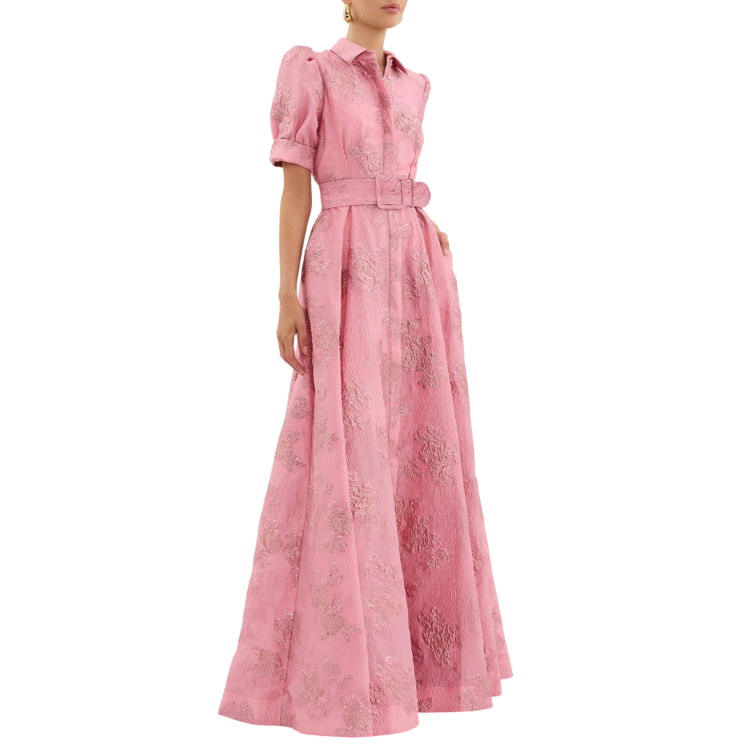 Women's Floral Maxi Wedding Guest Dress with Short Puff Sleeve and Belt
