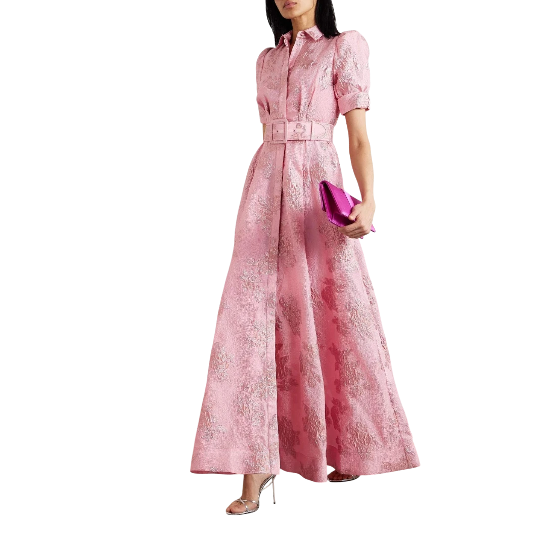 Women's Floral Maxi Wedding Guest Dress with Short Puff Sleeve and Belt