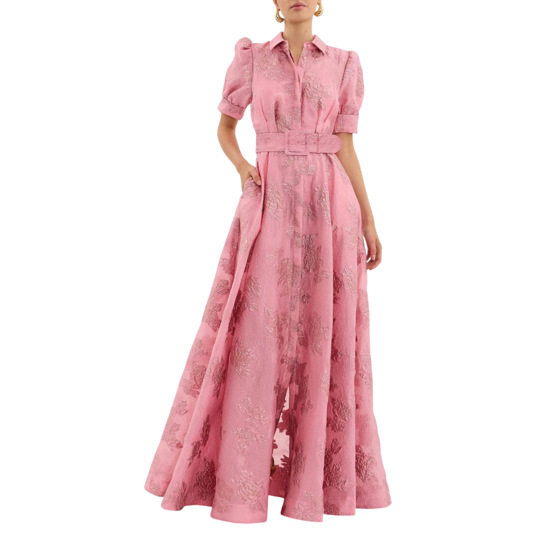 Women's Floral Maxi Wedding Guest Dress with Short Puff Sleeve and Belt