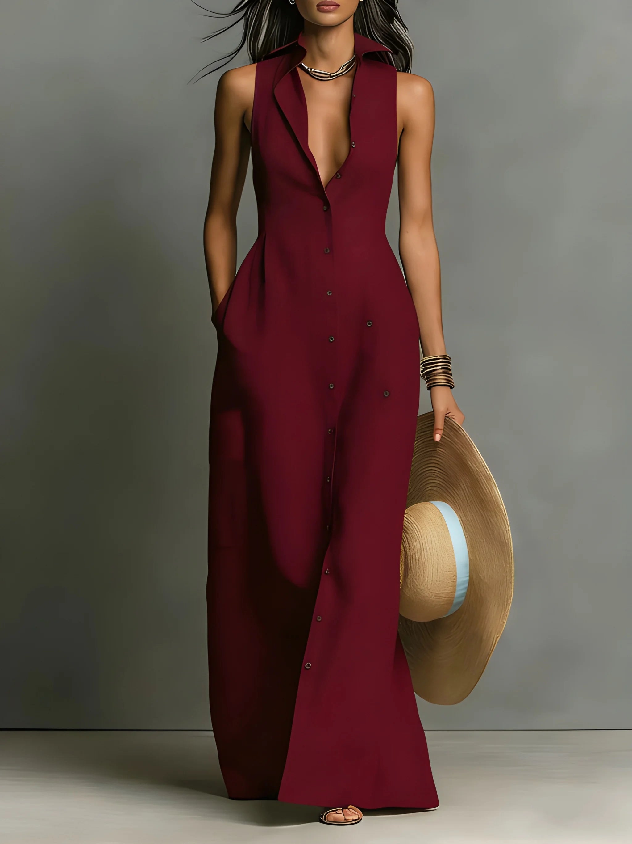 Women's Elegant Maxi Summer Dress with Sleeveless Cut and Maxi Length
