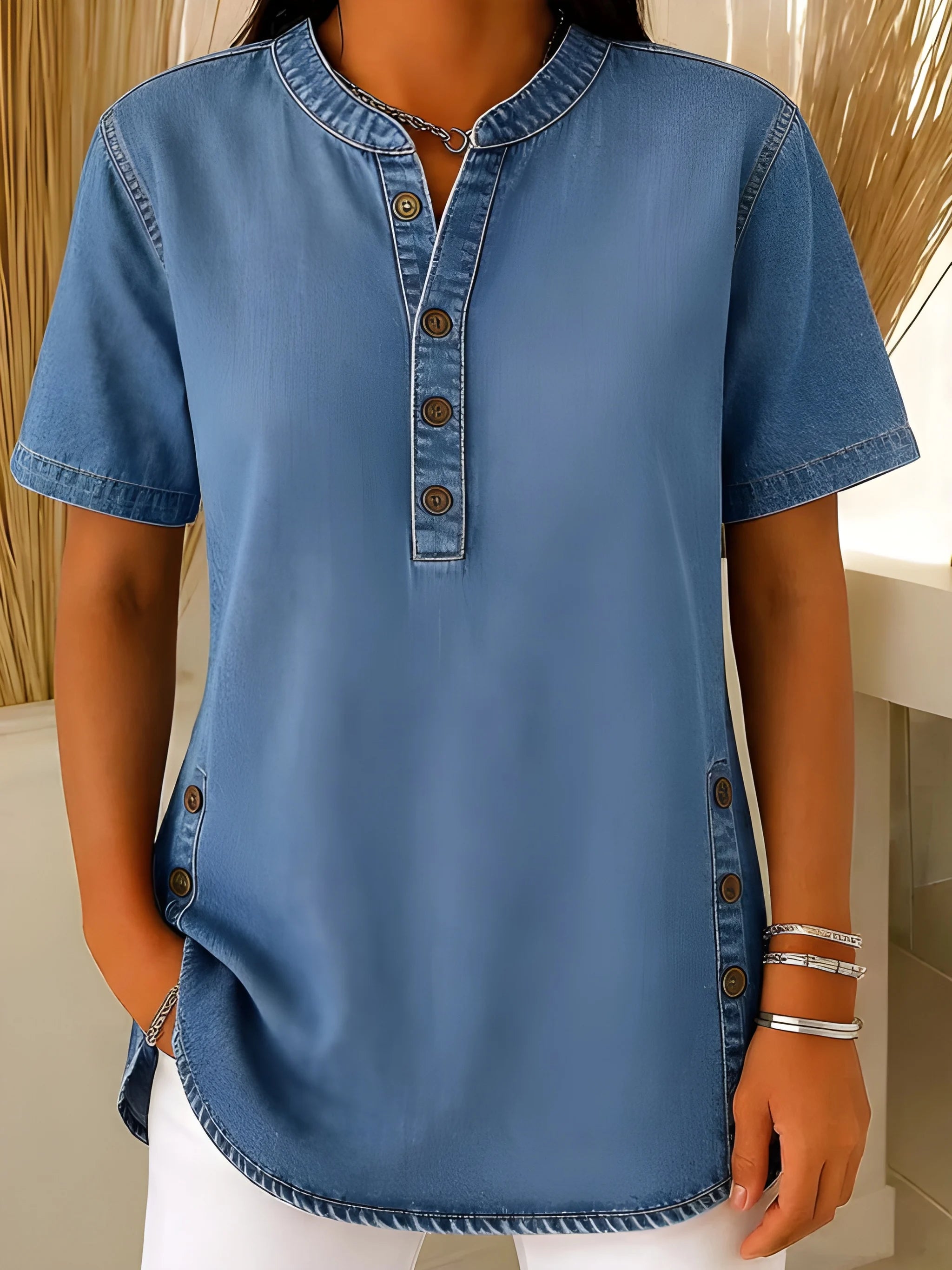 Women's Oversized Blouse with V-Neck and Short Sleeve