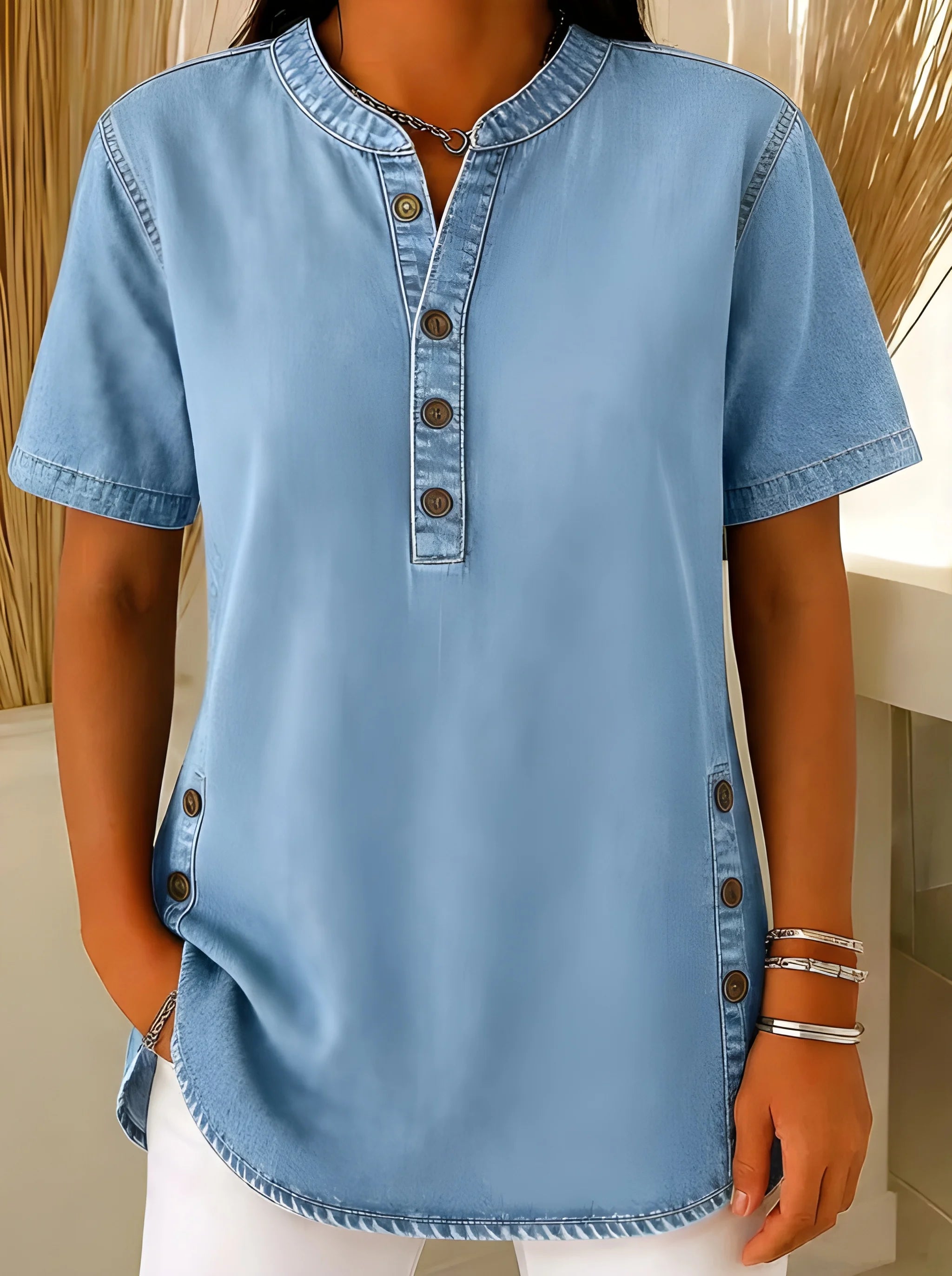 Women's Oversized Blouse with V-Neck and Short Sleeve