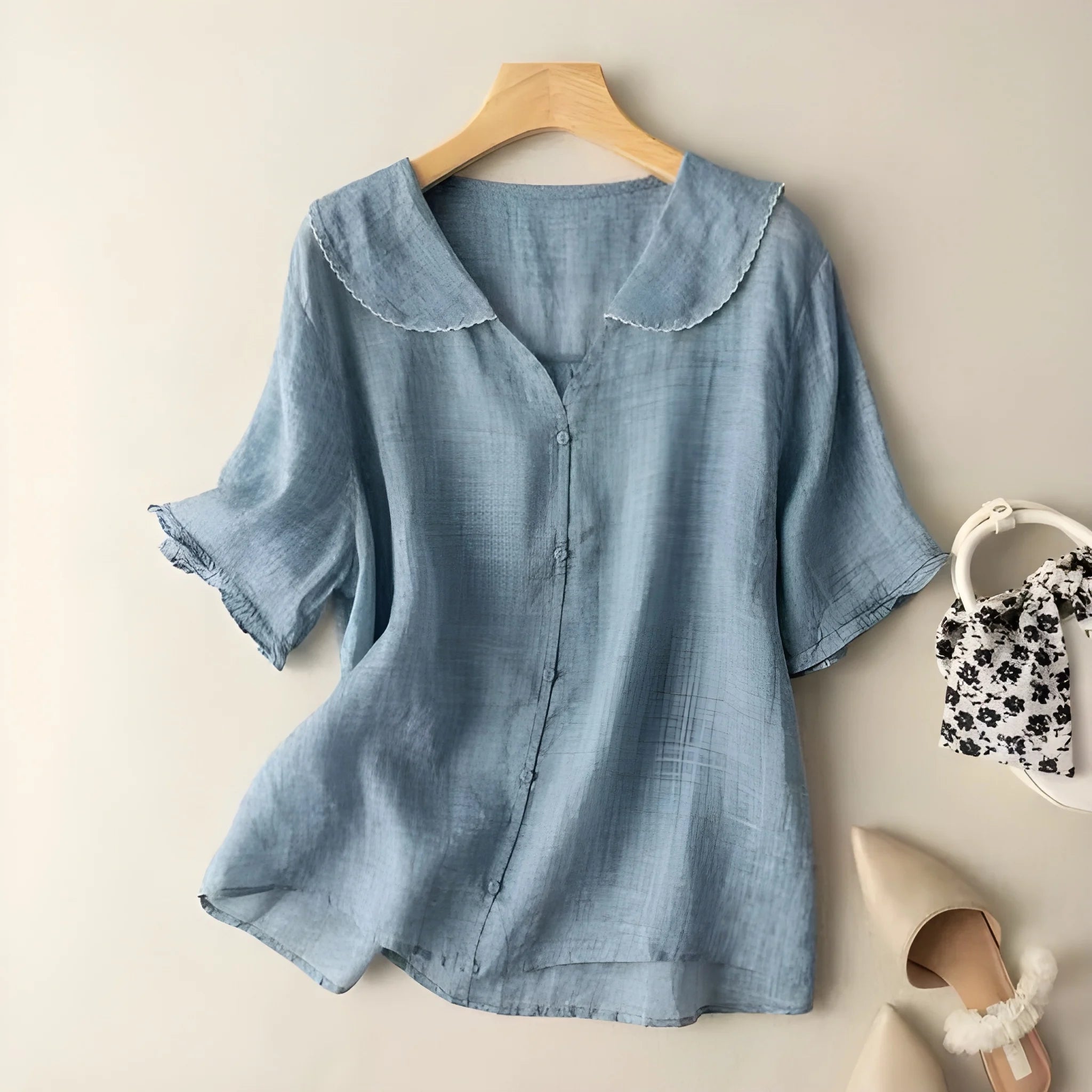 Women's Oversized Summer Shirt with V-Neck and Embroidered Details