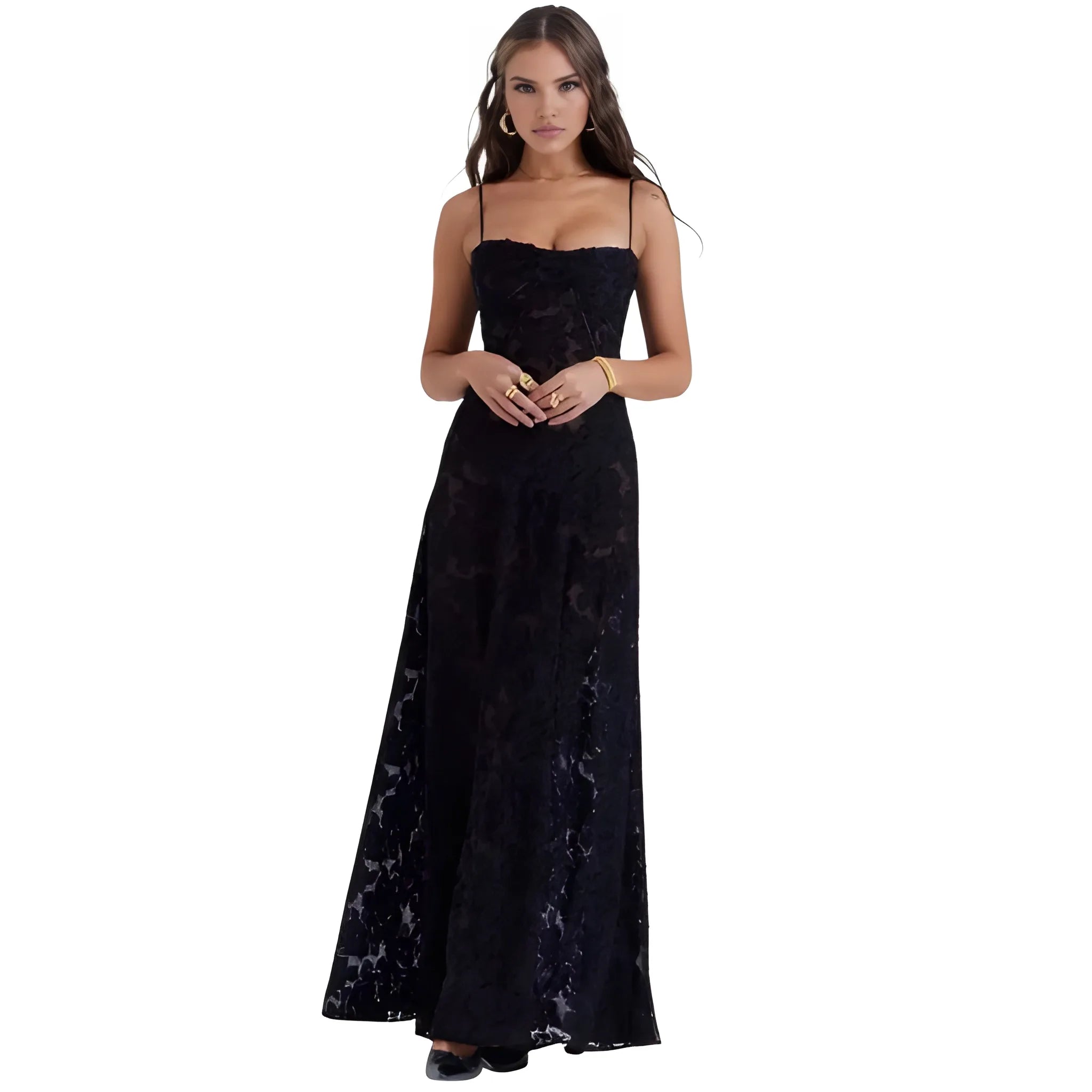 Women's Ethereal Structured Maxi Wedding Guest Dress with Corset Back and Spaghetti Straps