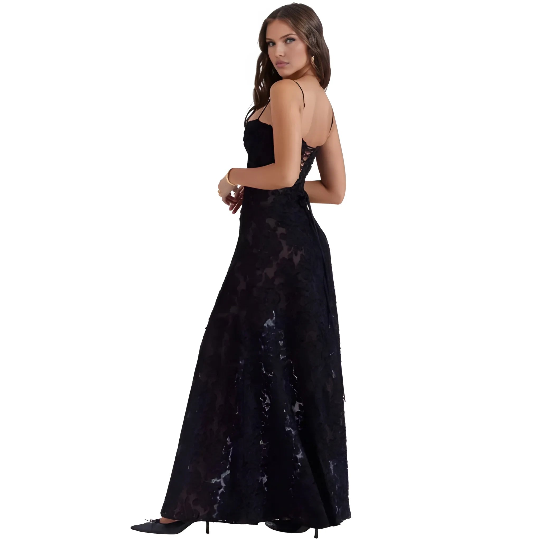Women's Ethereal Structured Maxi Wedding Guest Dress with Corset Back and Spaghetti Straps