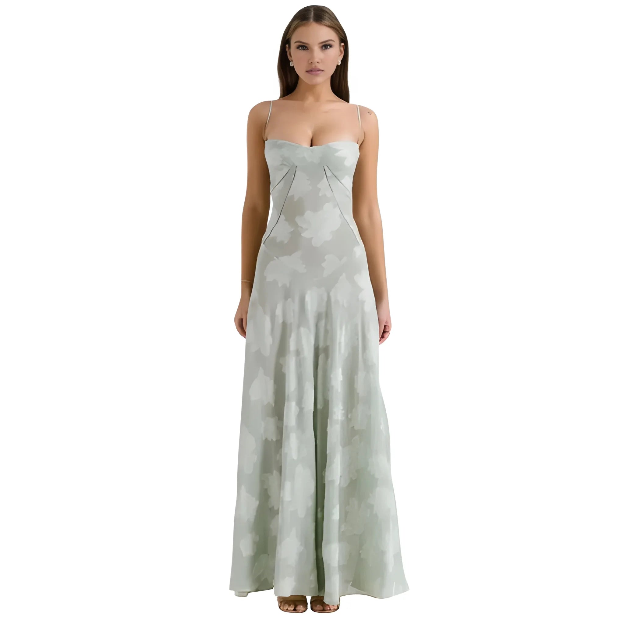Women's Ethereal Structured Maxi Wedding Guest Dress with Corset Back and Spaghetti Straps
