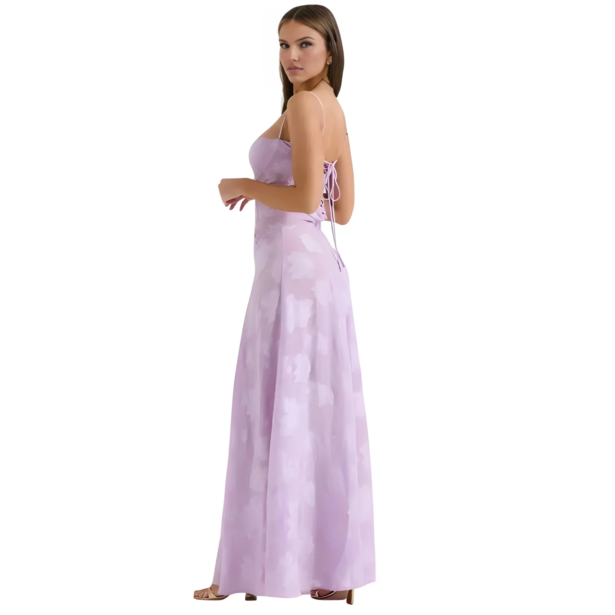 Women's Ethereal Structured Maxi Wedding Guest Dress with Corset Back and Spaghetti Straps