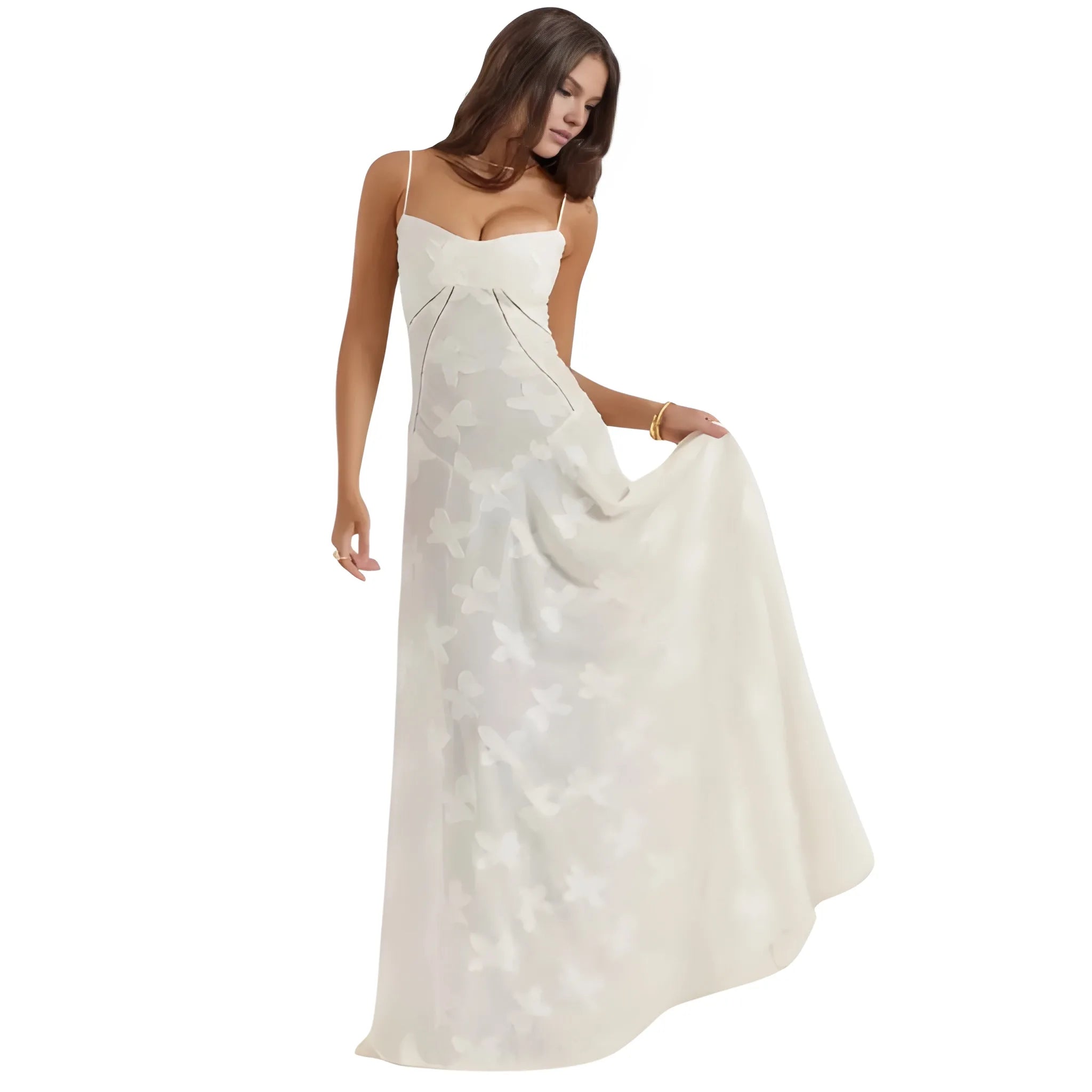 Women's Ethereal Structured Maxi Wedding Guest Dress with Corset Back and Spaghetti Straps