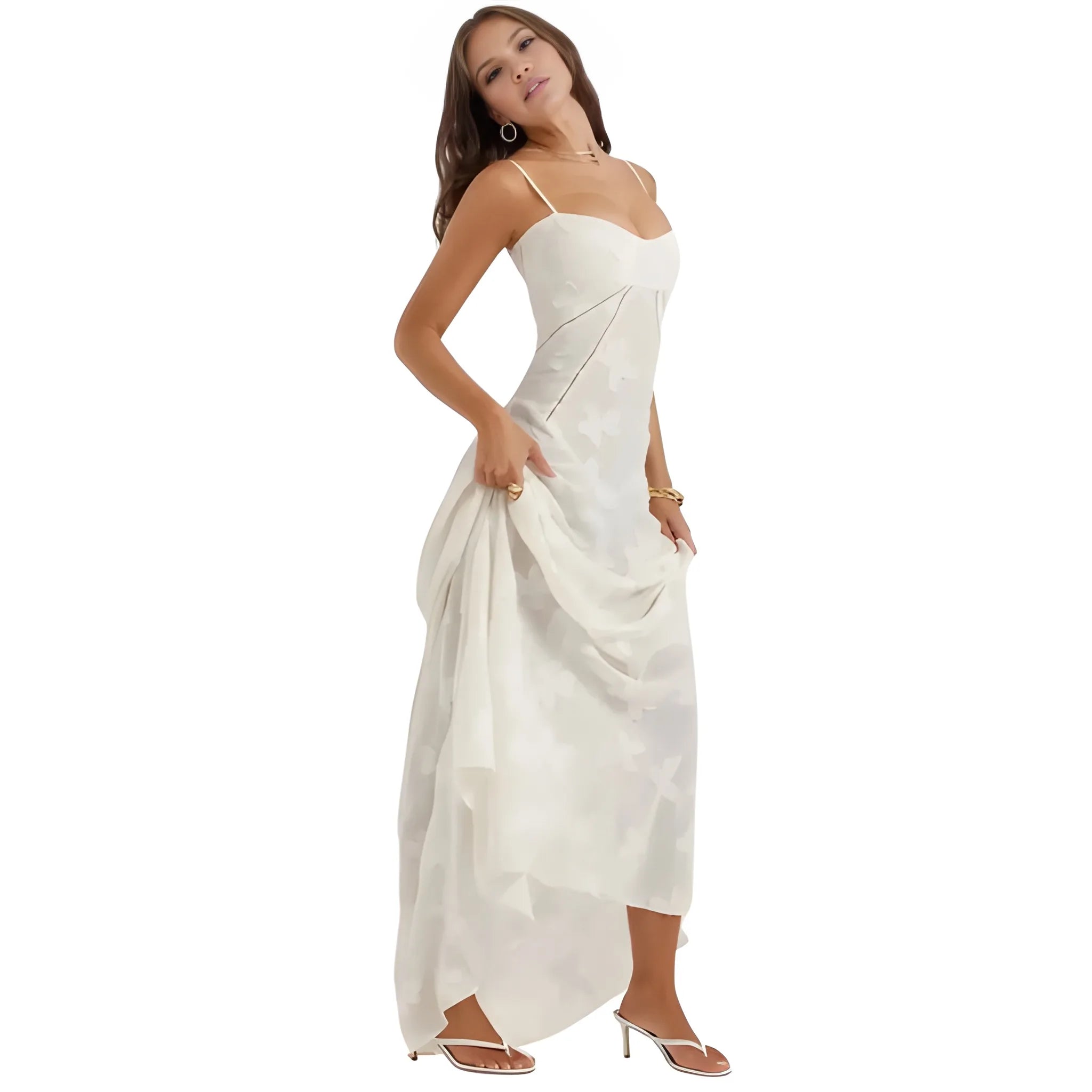 Women's Ethereal Structured Maxi Wedding Guest Dress with Corset Back and Spaghetti Straps
