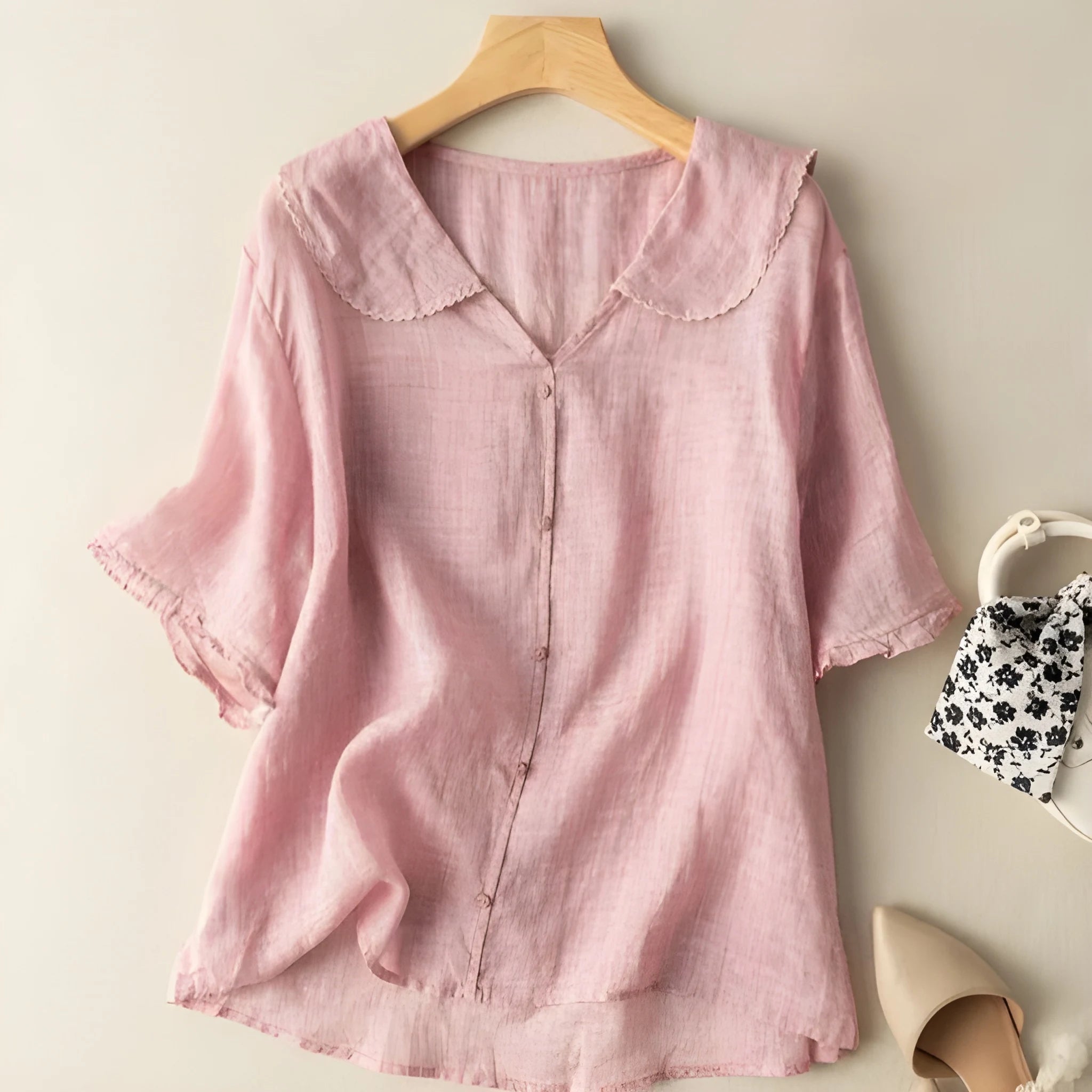 Women's Oversized Summer Shirt with V-Neck and Embroidered Details