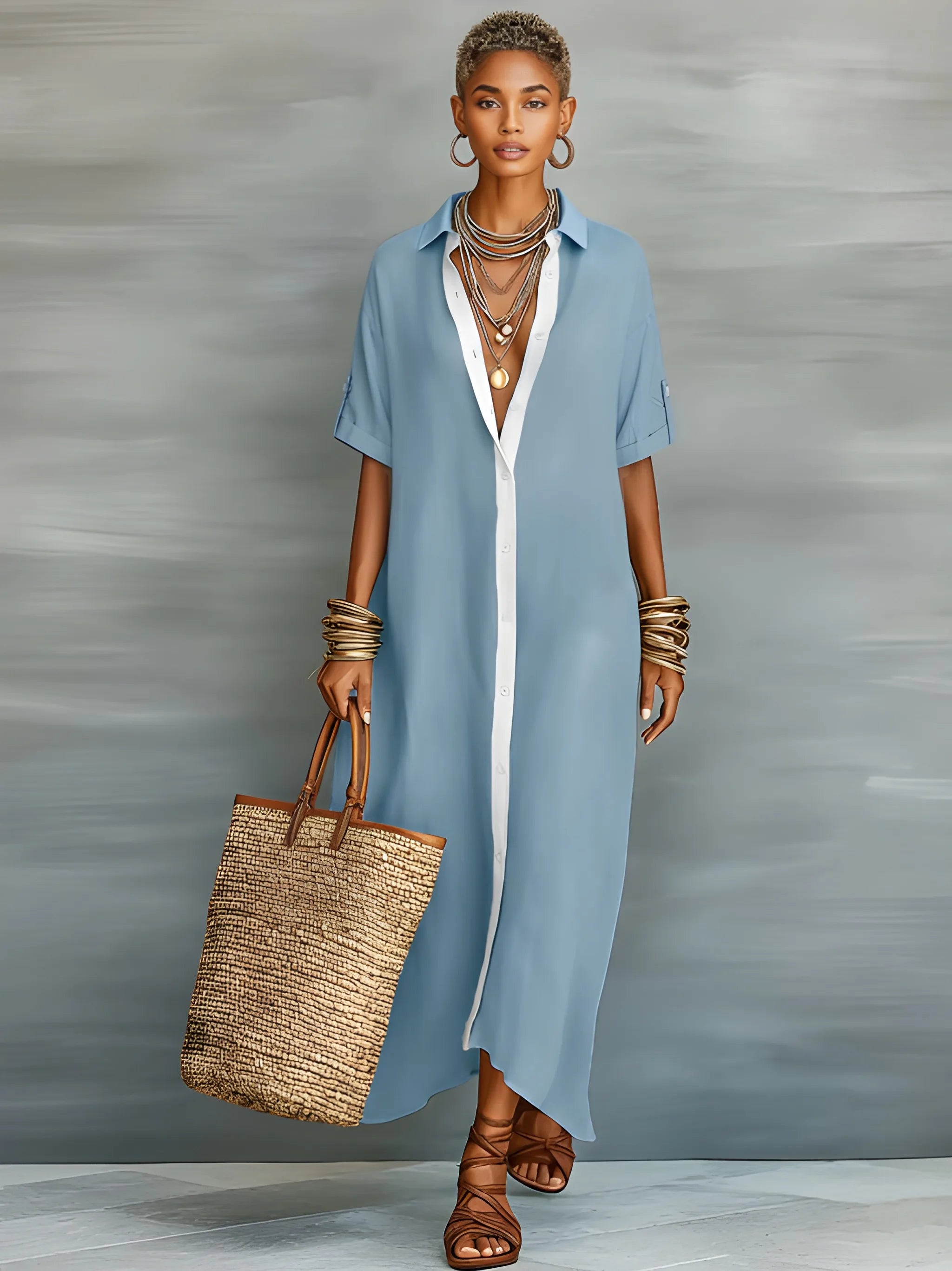 Women's Casual Flowy Maxi Summer Dress with Short Sleeve