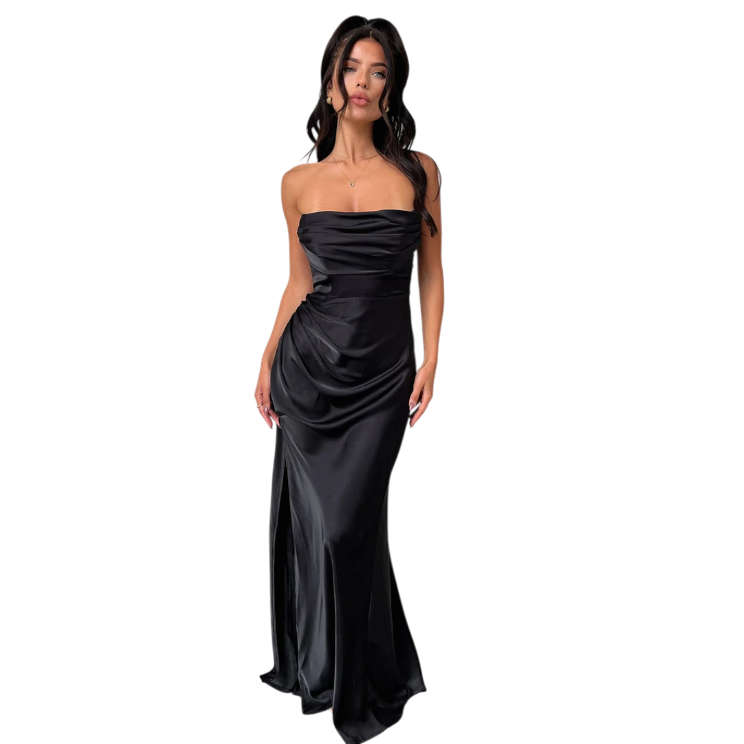 Women's Wedding Guest Maxi Dress with Strapless Neckline and Slit