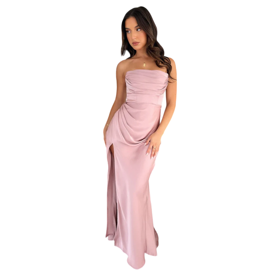 Women's Wedding Guest Maxi Dress with Strapless Neckline and Slit