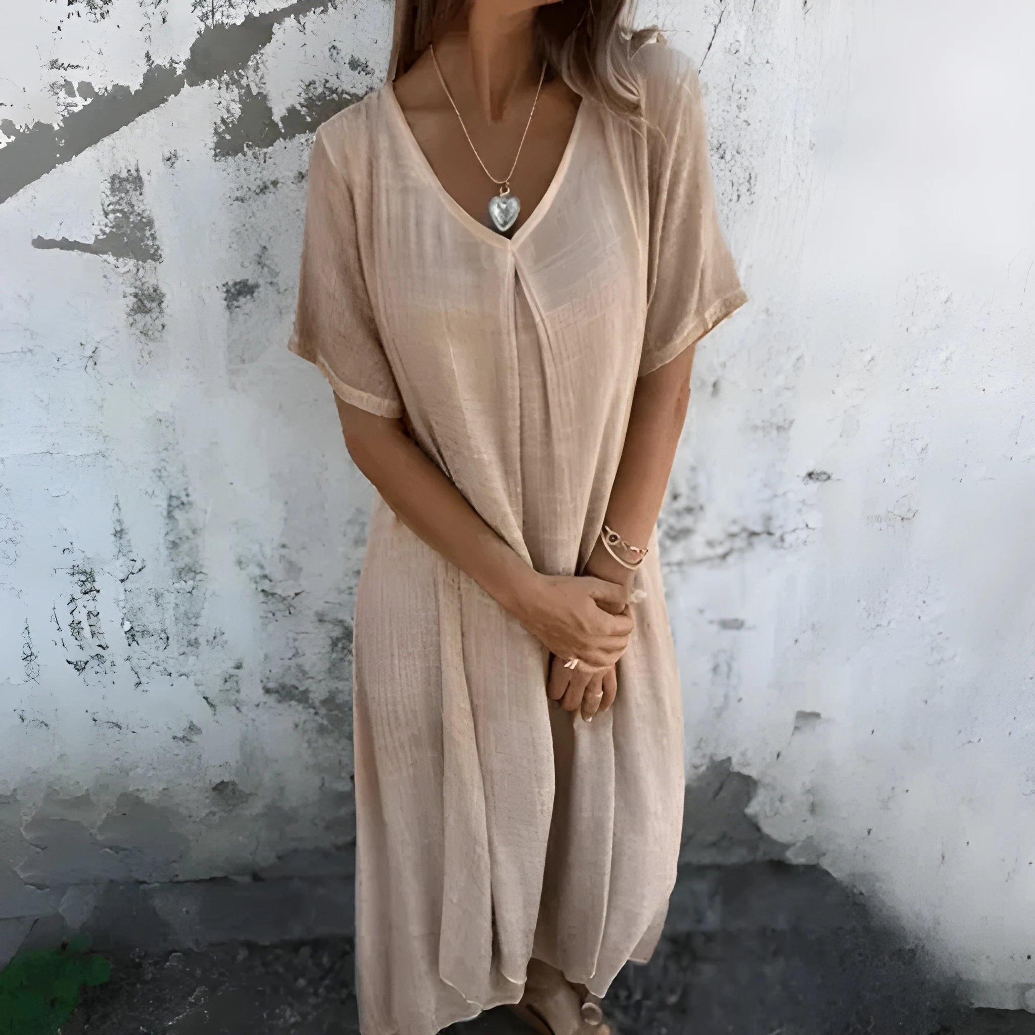 Women's Casual Flowy Midi Summer Dress with V-Neck