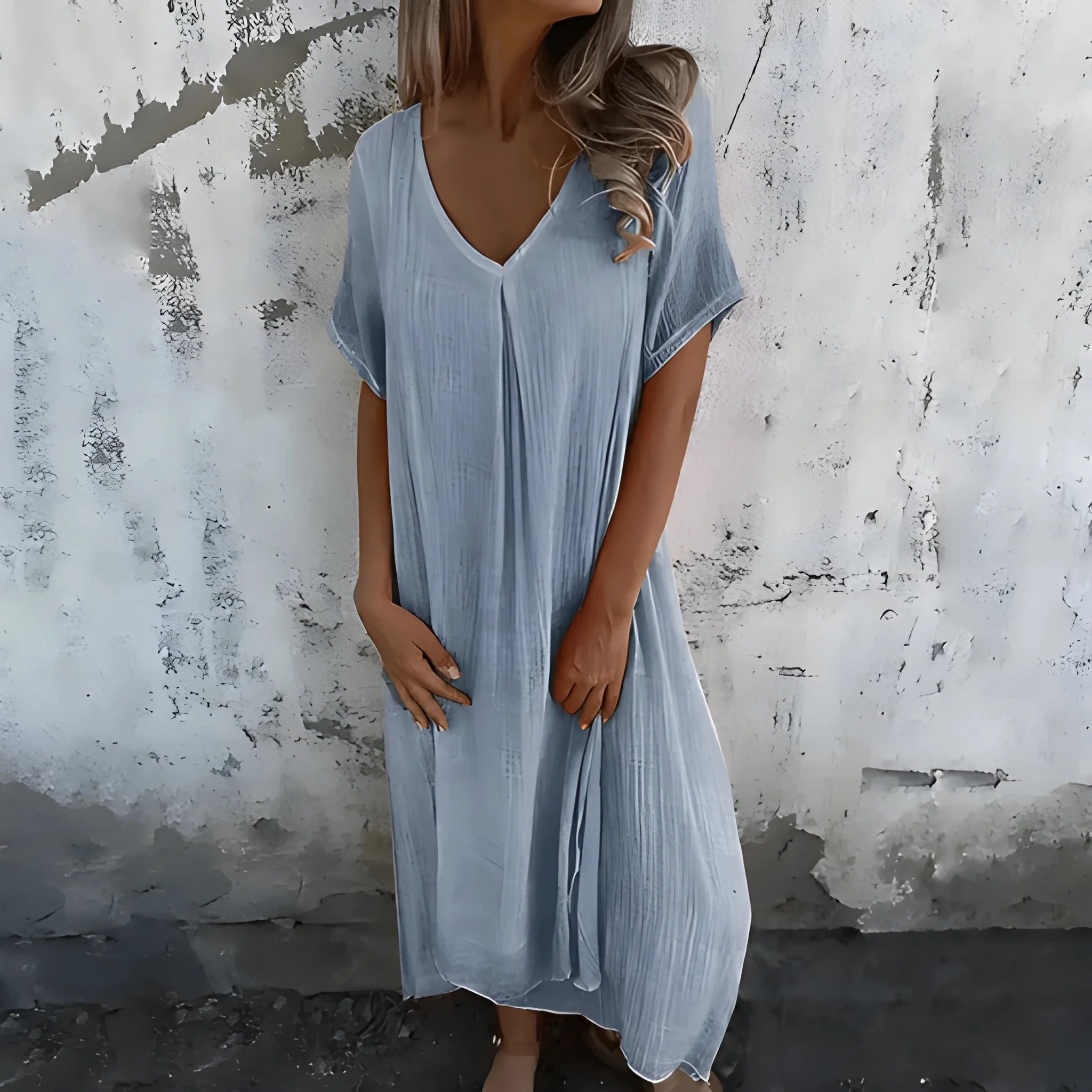 Women's Casual Flowy Midi Summer Dress with V-Neck