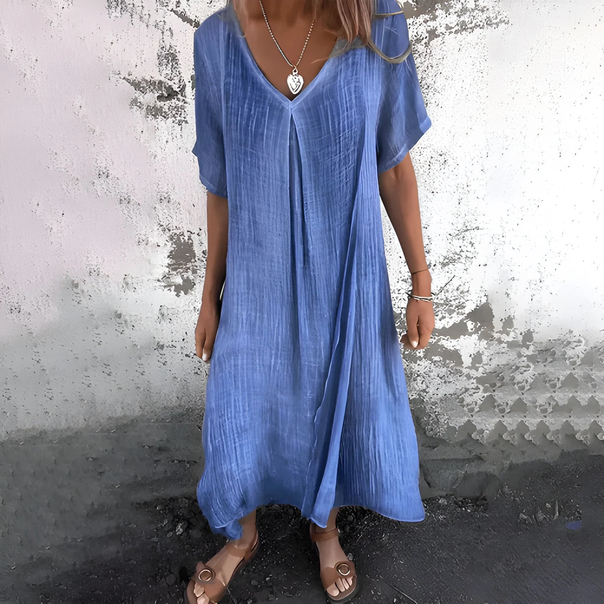 Women's Casual Flowy Midi Summer Dress with V-Neck