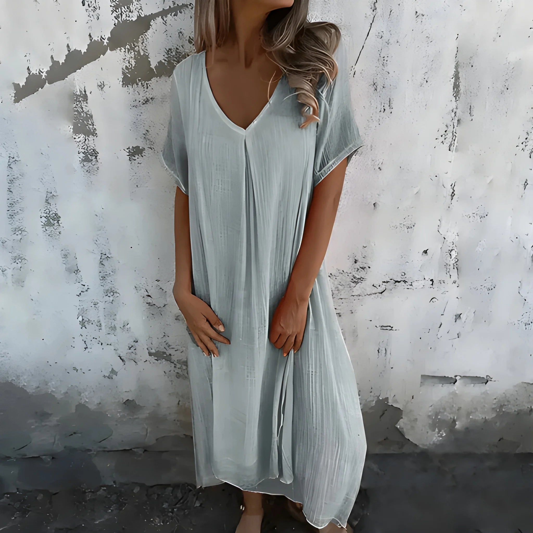 Women's Casual Flowy Midi Summer Dress with V-Neck