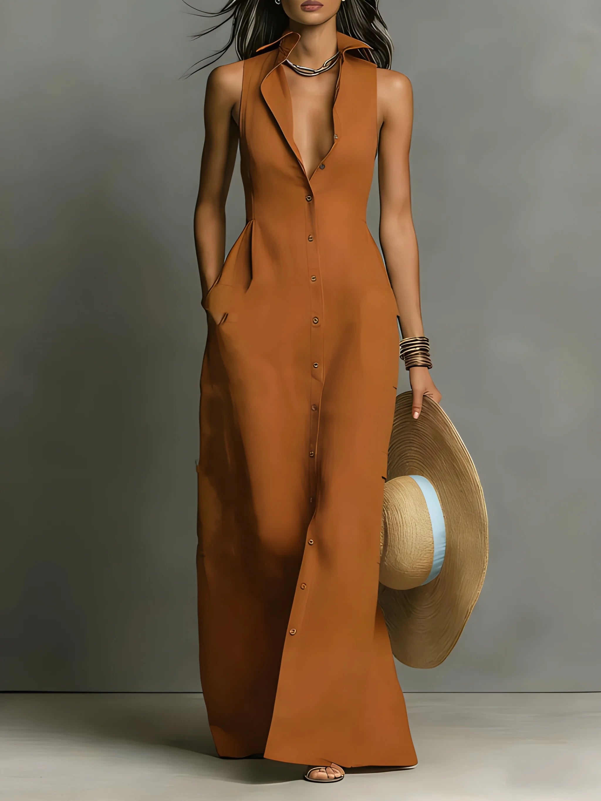 Women's Elegant Maxi Summer Dress with Sleeveless Cut and Maxi Length