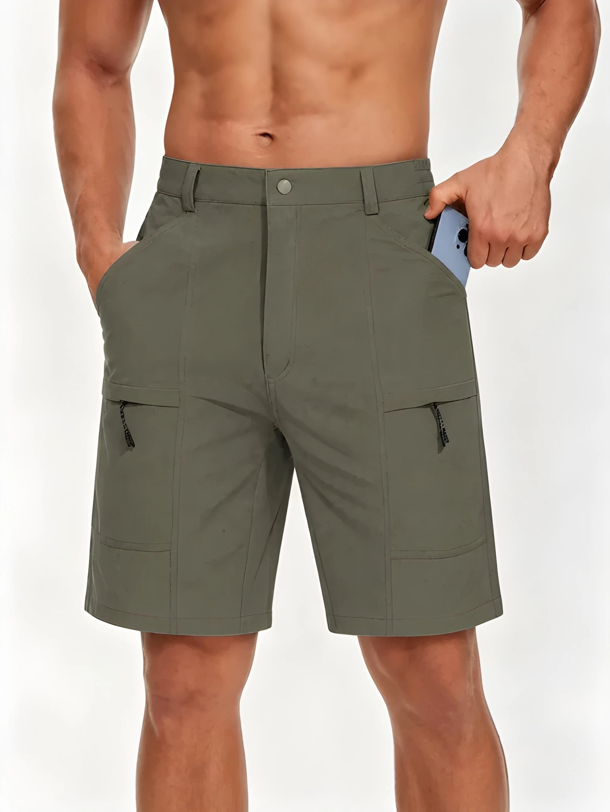 Men's Cargo Workout Shorts with Elastic Waist and Zip Pockets