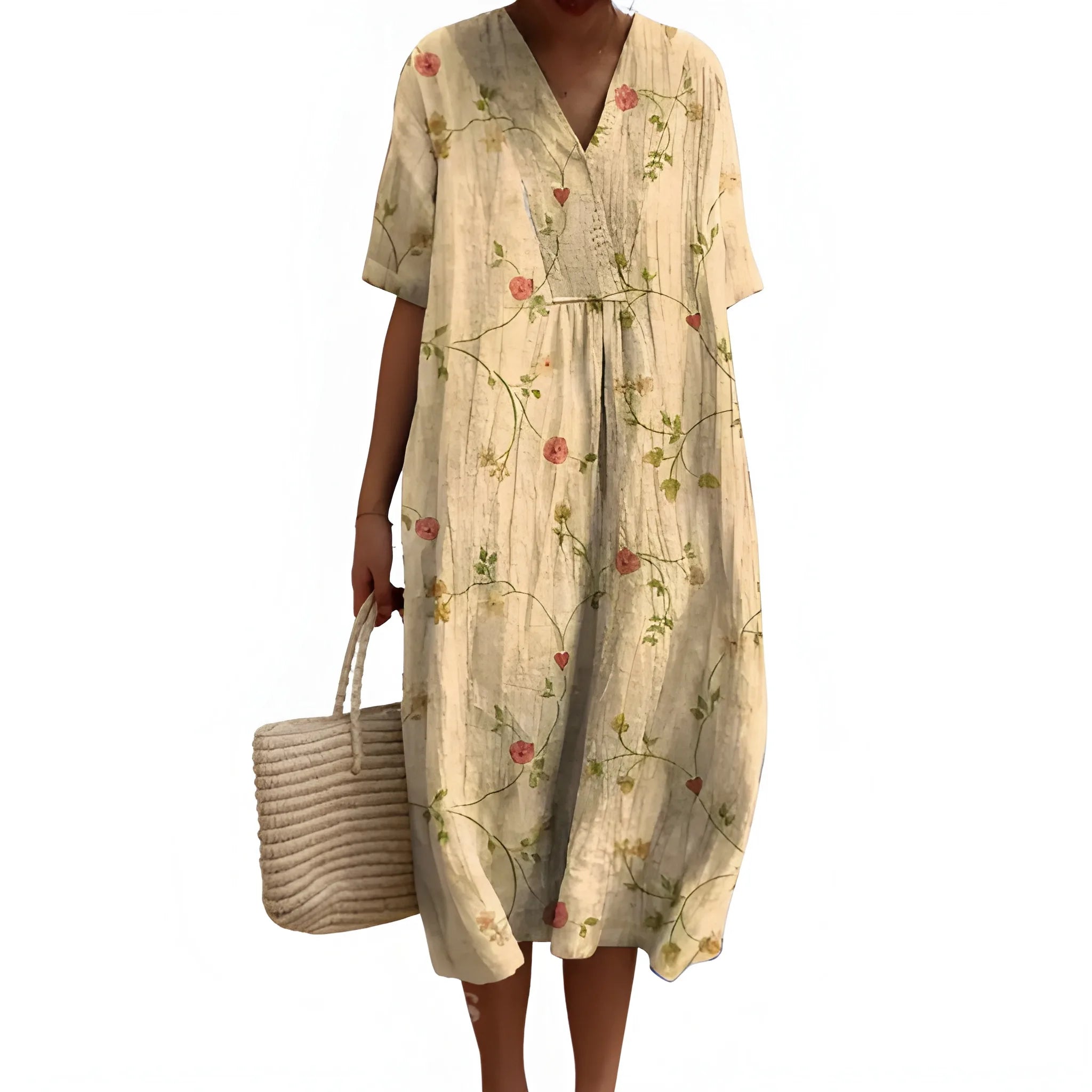 Women's Casual Floral Midi Summer Dress with V Neck