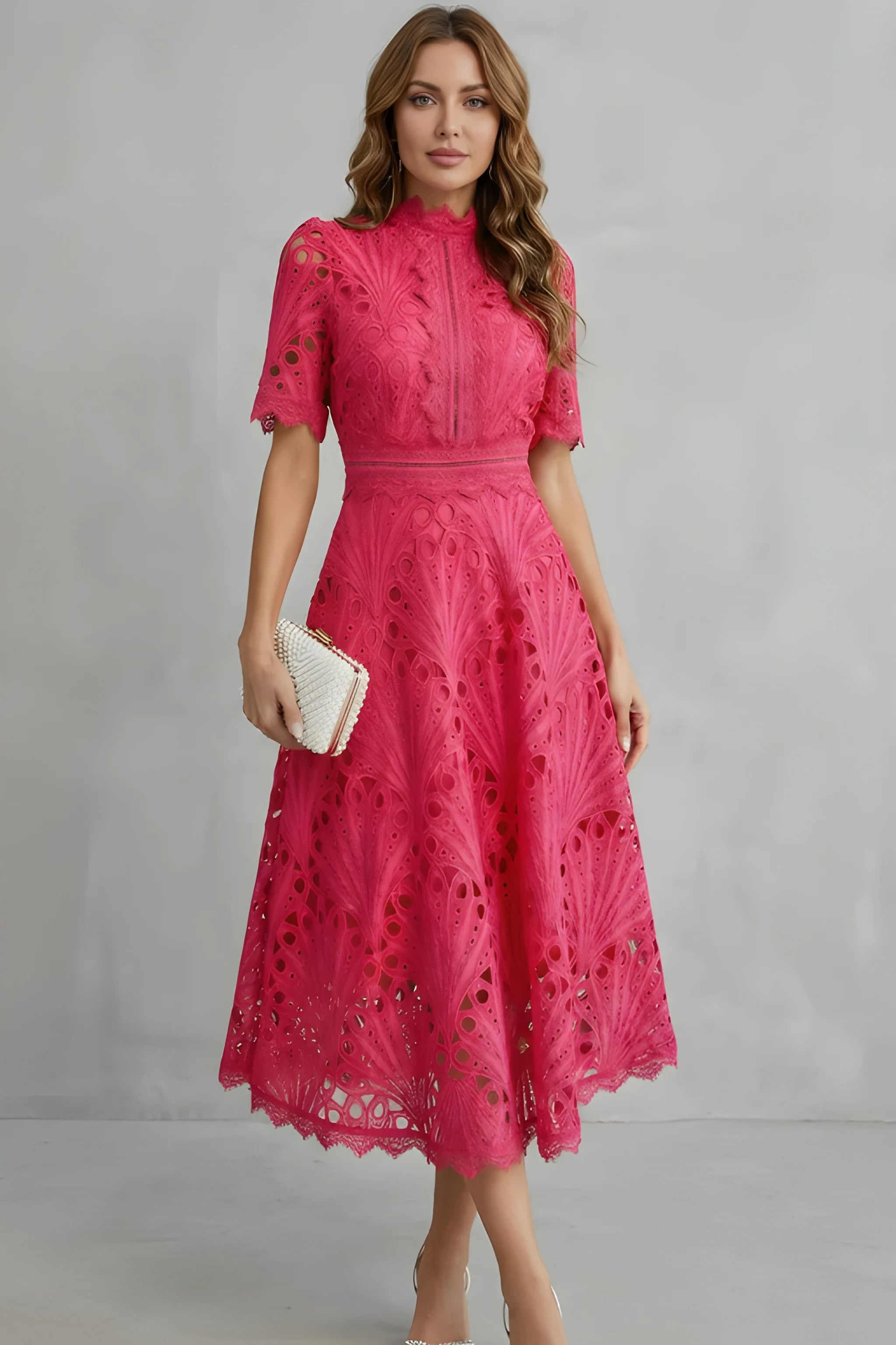 Women's Elegant Vintage Midi Wedding Guest Dress with High Neck