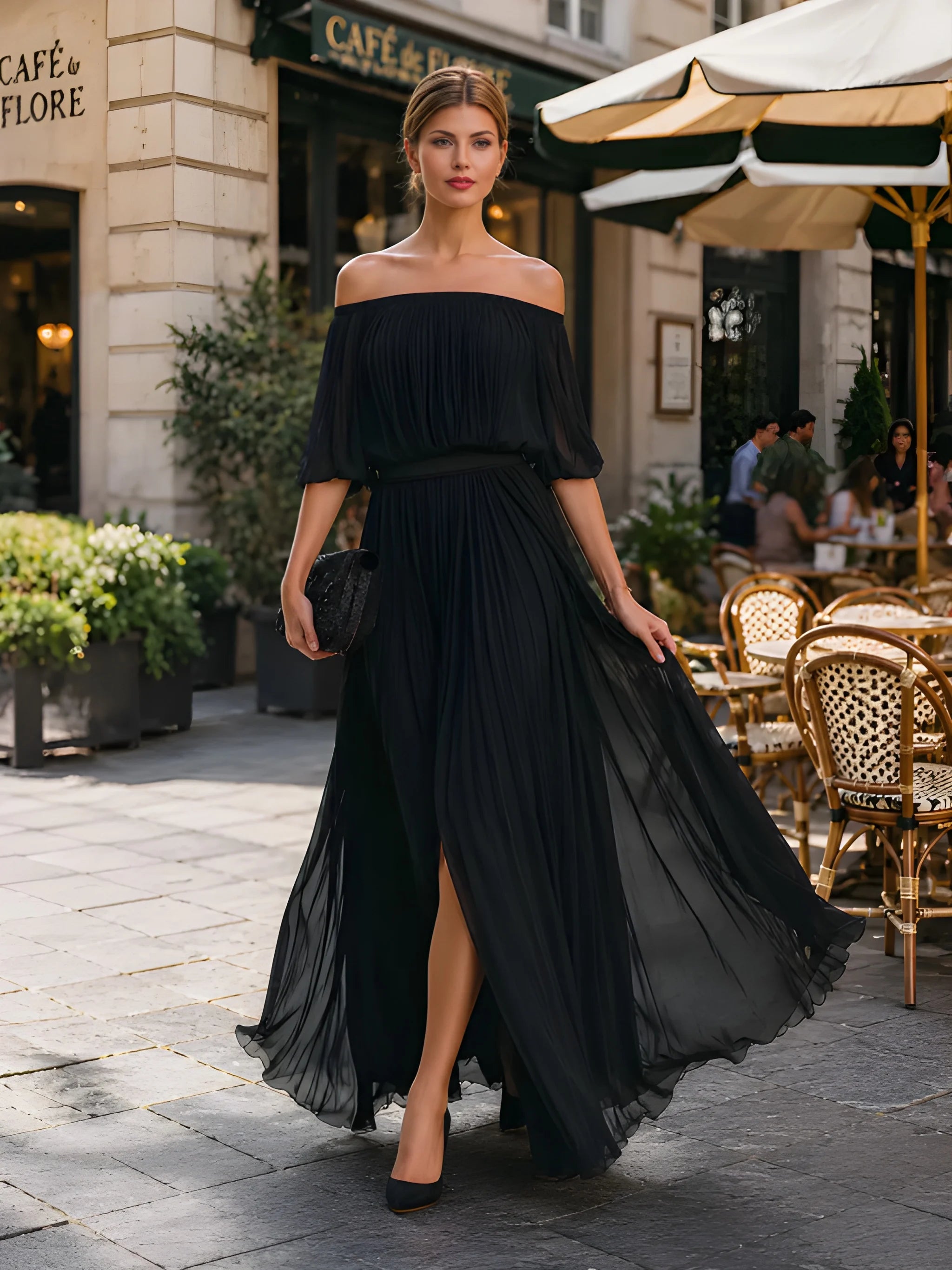 Women's Formal Summer Maxi Wedding Guest Dress with Off Shoulder Neckline