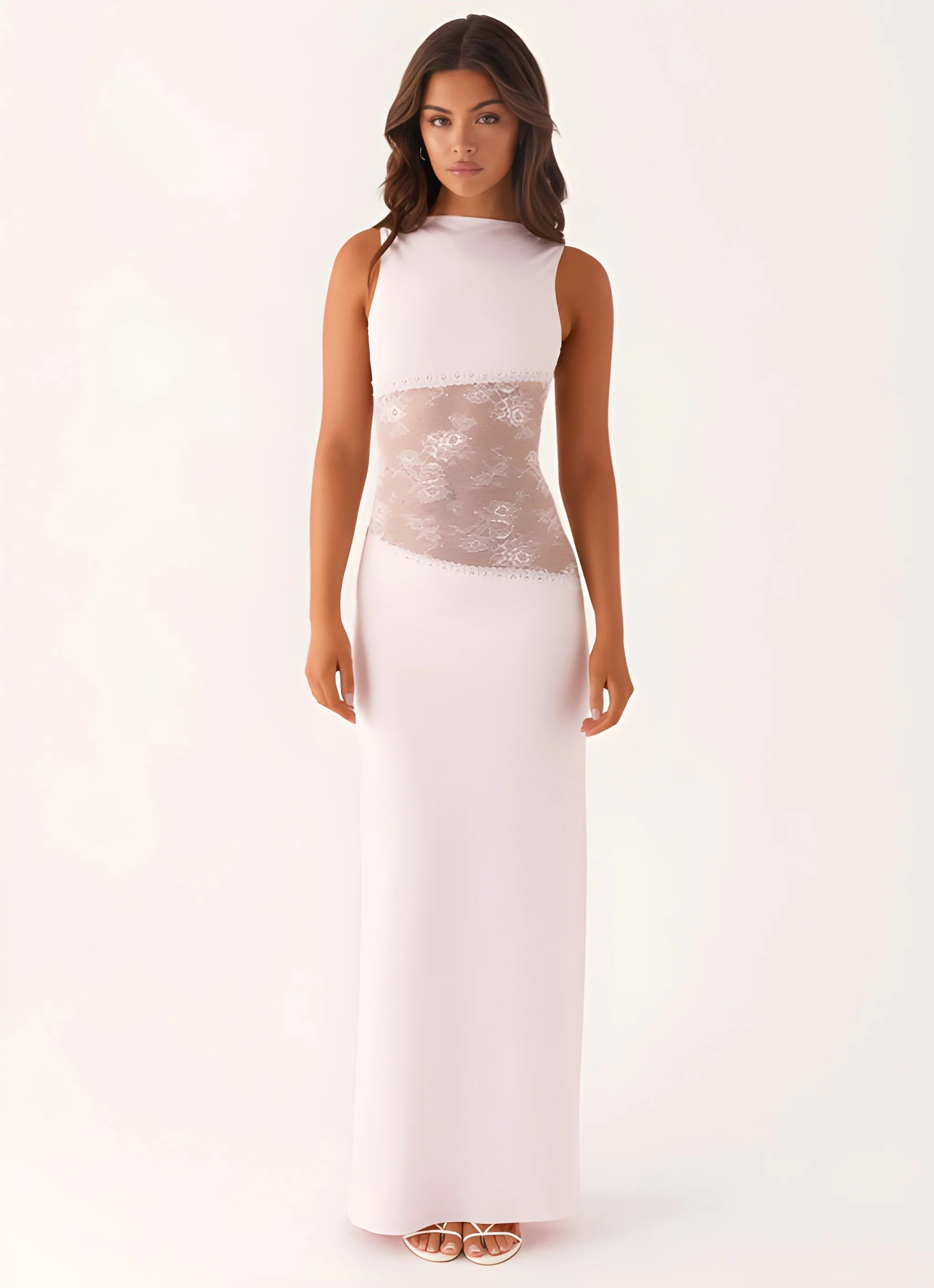 Women's Formal Maxi Wedding Guest Dress with High Neck and Sleeveless Design