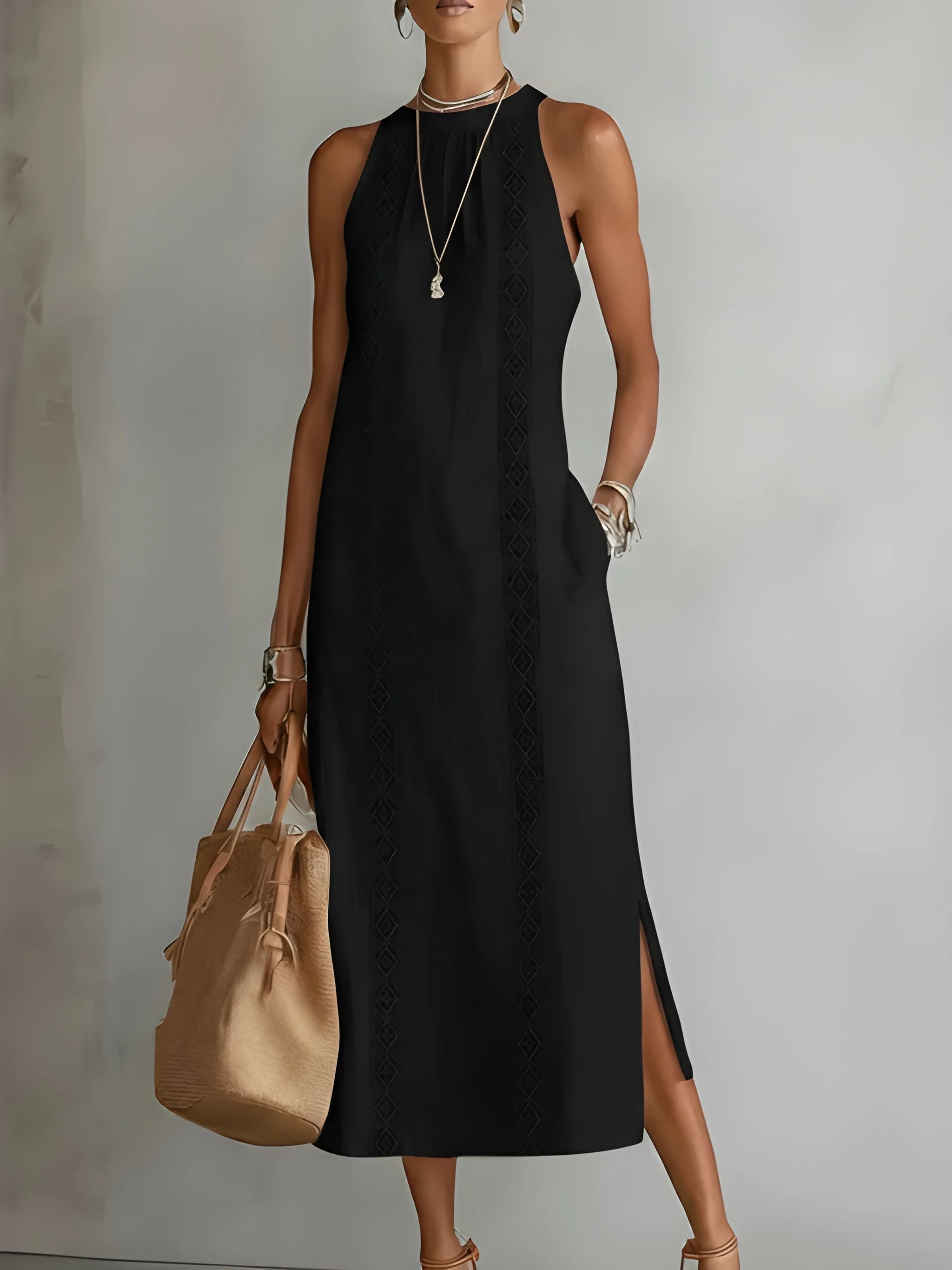 Women's Casual Boho Midi Summer Dress with Embroidered Detailing and Slit