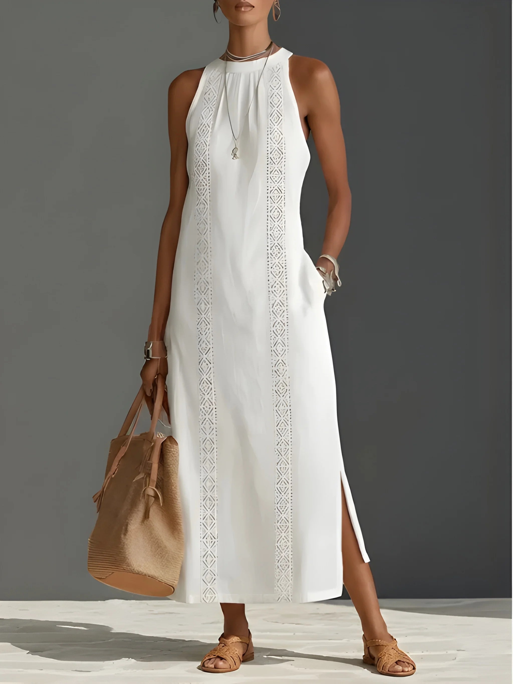 Women's Casual Boho Midi Summer Dress with Embroidered Detailing and Slit