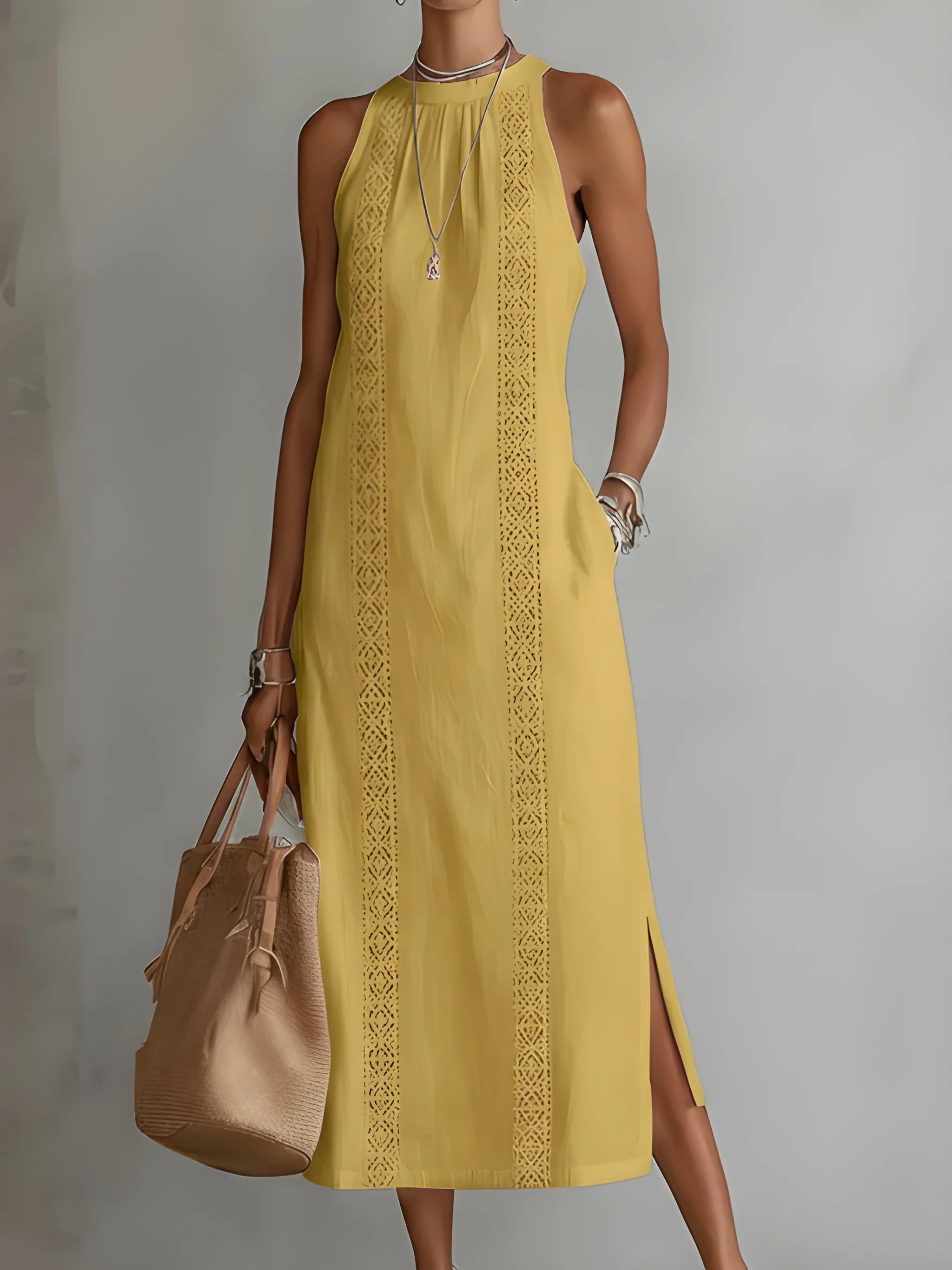 Women's Casual Boho Midi Summer Dress with Embroidered Detailing and Slit