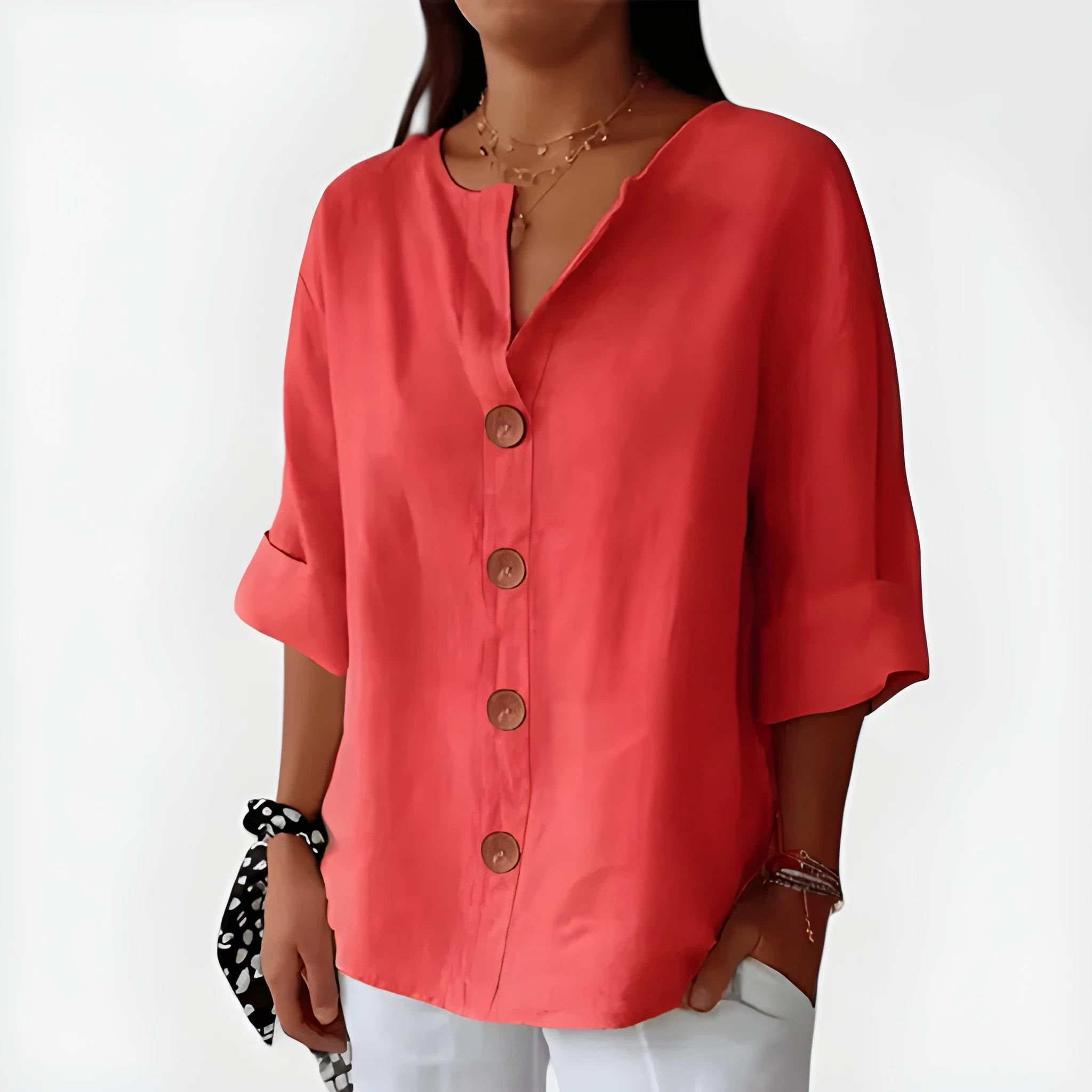 Women's Summer Loose Shirt with V-Neck and Short Sleeve