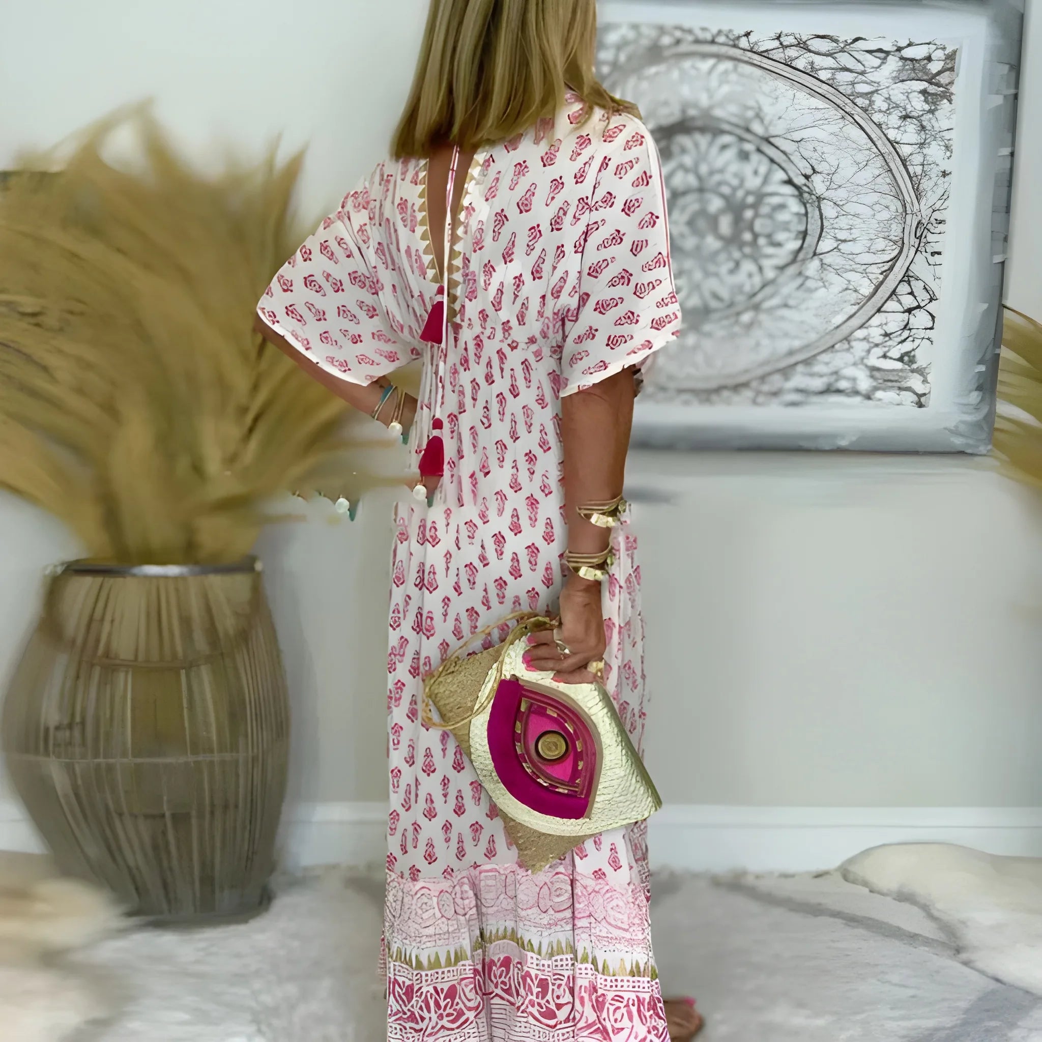 Women's Casual Boho Maxi Summer Dress with V Neck and Short Sleeves